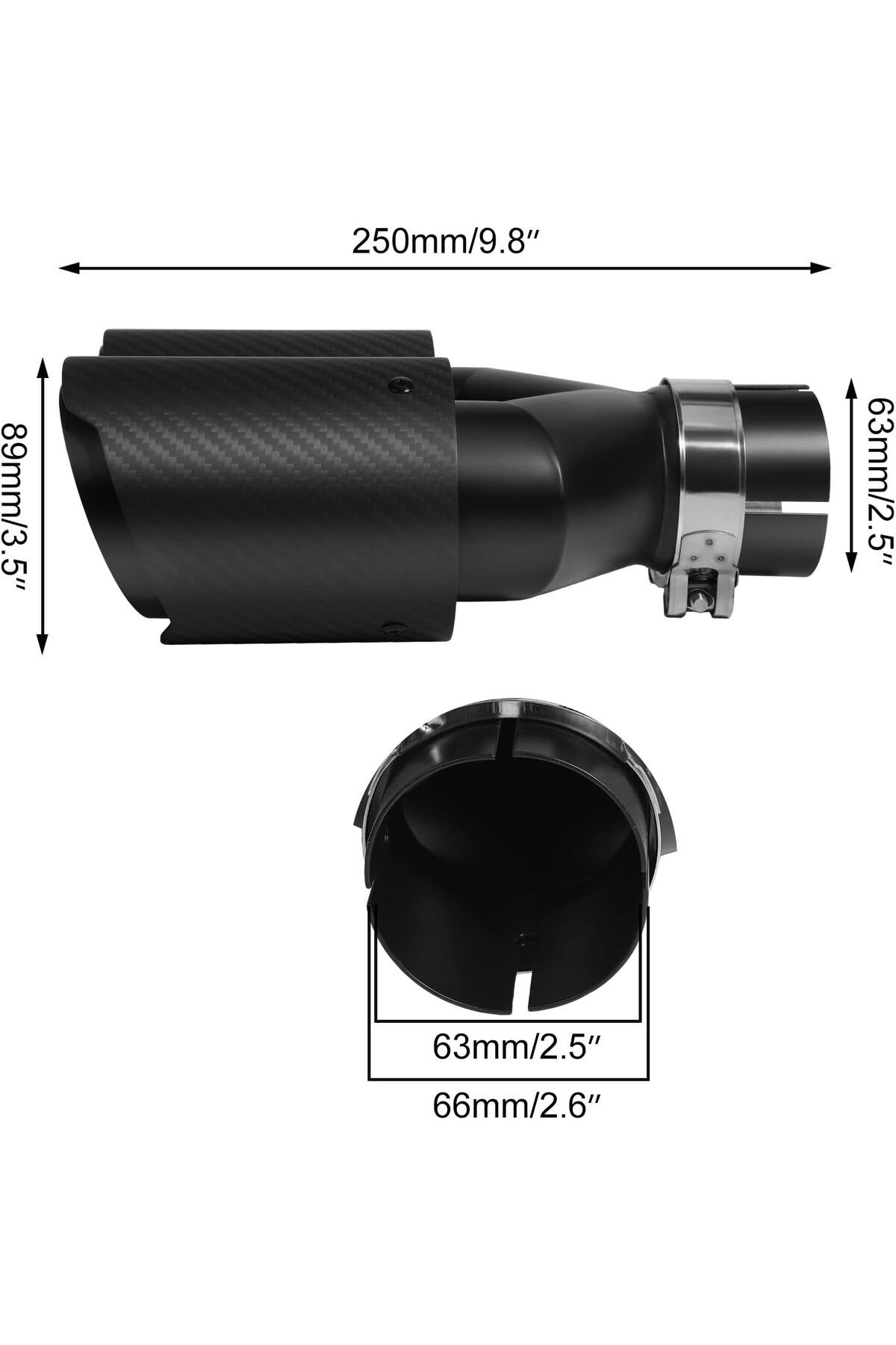 Krtopo-Black Matte Carbon Tip 63 mm Double Muffler Performance Exhaust Tip, Inlet 2.5" Outlet 3.5 2