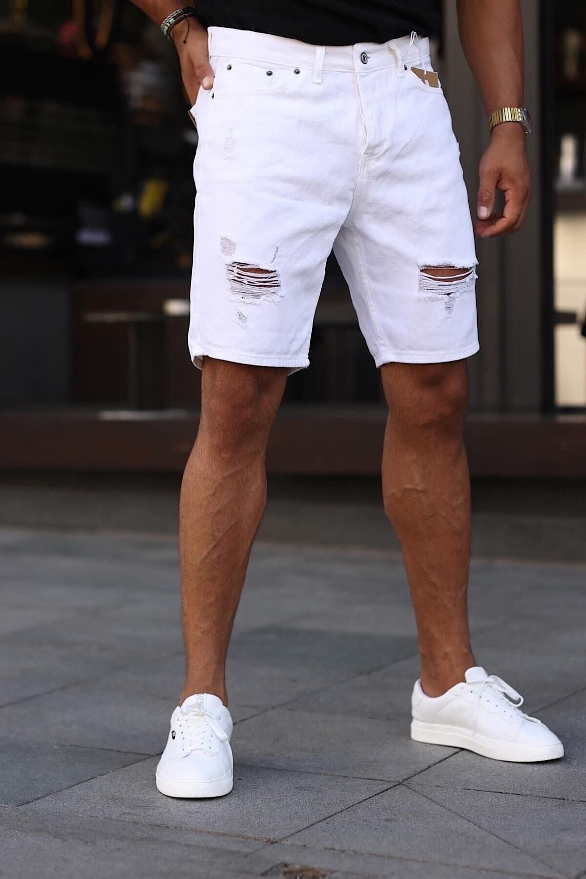 NO61 Boyfriend Comfortable White Ripped Model Denim Capri Shorts