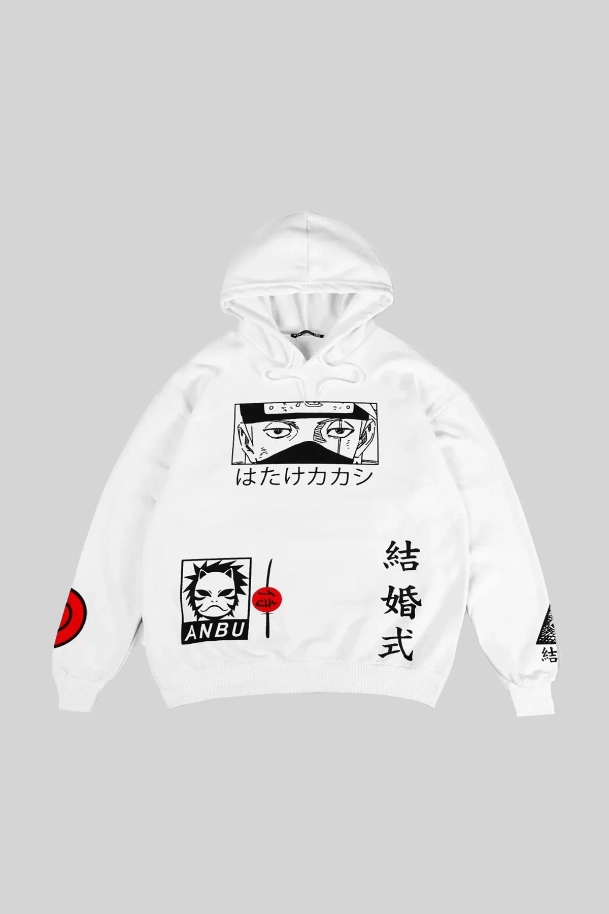 Sokak Butik Kakashi Printed White Oversize Hooded Sweatshirt