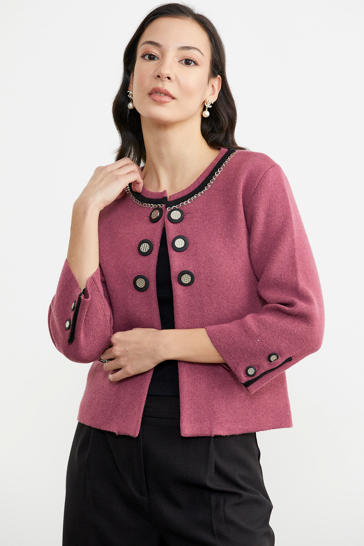 Sementa  Zincir Detaylı Kalın Yünlü Triko Ceket - Gül - Siyah - Görsel 3