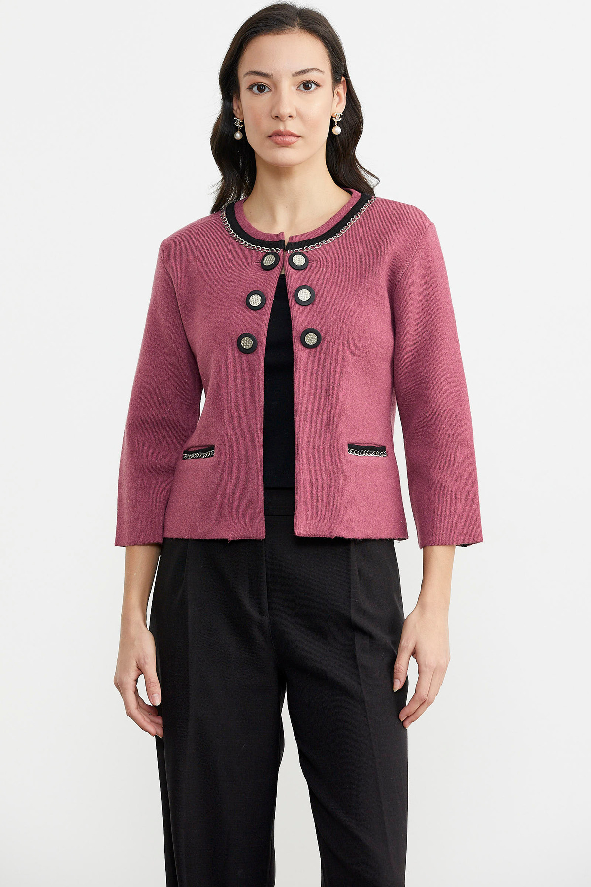 Sementa  Zincir Detaylı Kalın Yünlü Triko Ceket - Gül - Siyah