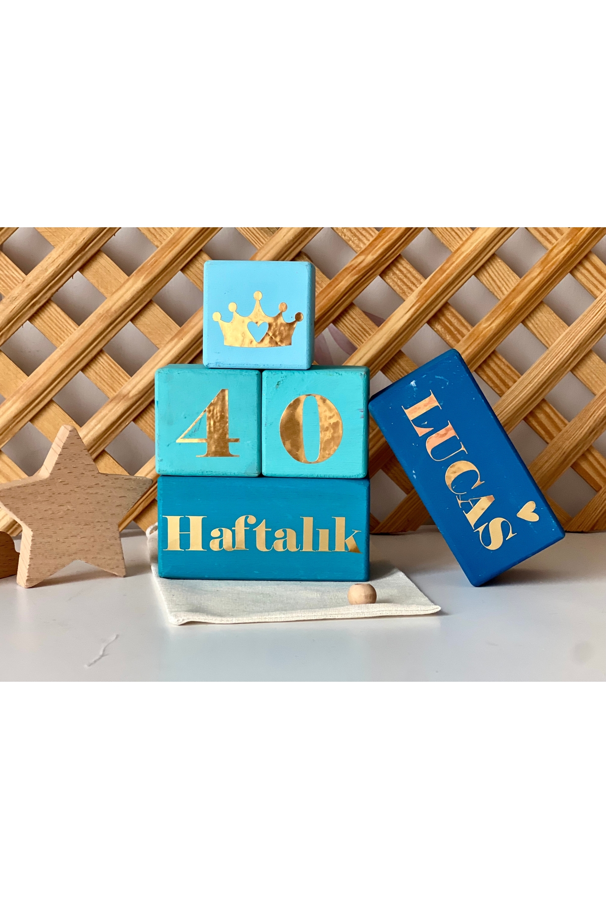 Renkli bebek anı küpü isimli renkli set 5parça gold mavi