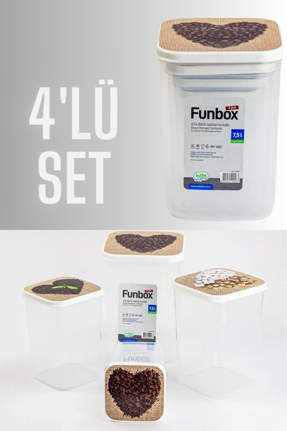 4'lü Uzun Saklama Kabı (0,9+1,4+2,1+3,1 Lt) Kahve Desenli Set — görsel 2 · FUNBOX3