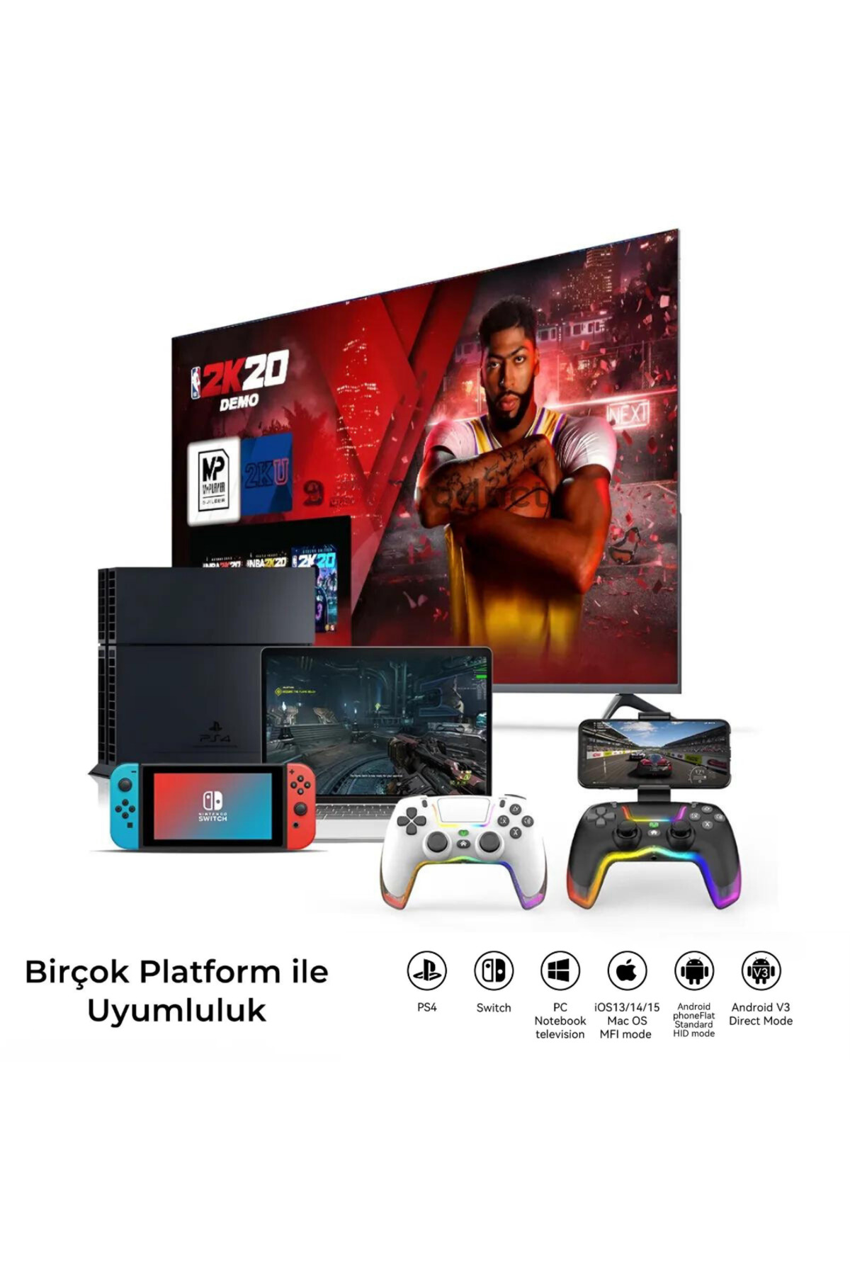 PS4 Kol Kablosuz Gamepad Oyuncu Kol /Çift Titreşim/6 Eksenli RGB Mod/PS4/Switch/PC/Androd/İphone 4