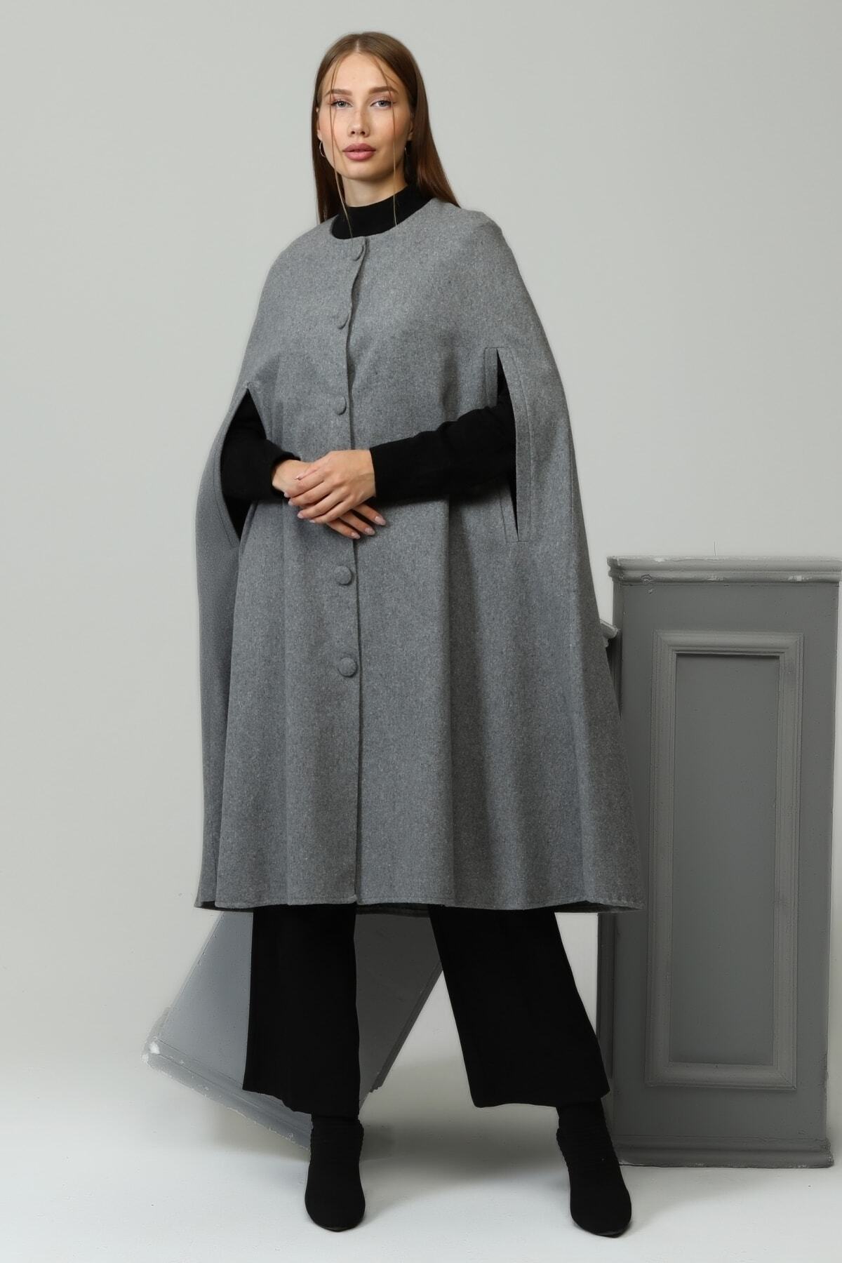 ensade Gri Kaşe Pelerin Panço