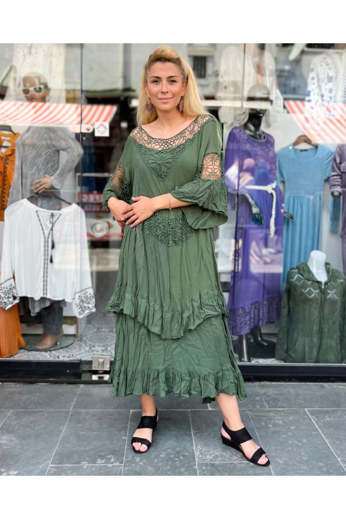 Sosyete Kaplumbağa-Women's Dark Green Authentic Voile Cotton Madonna Collar Bohemian Maxi Dress 1