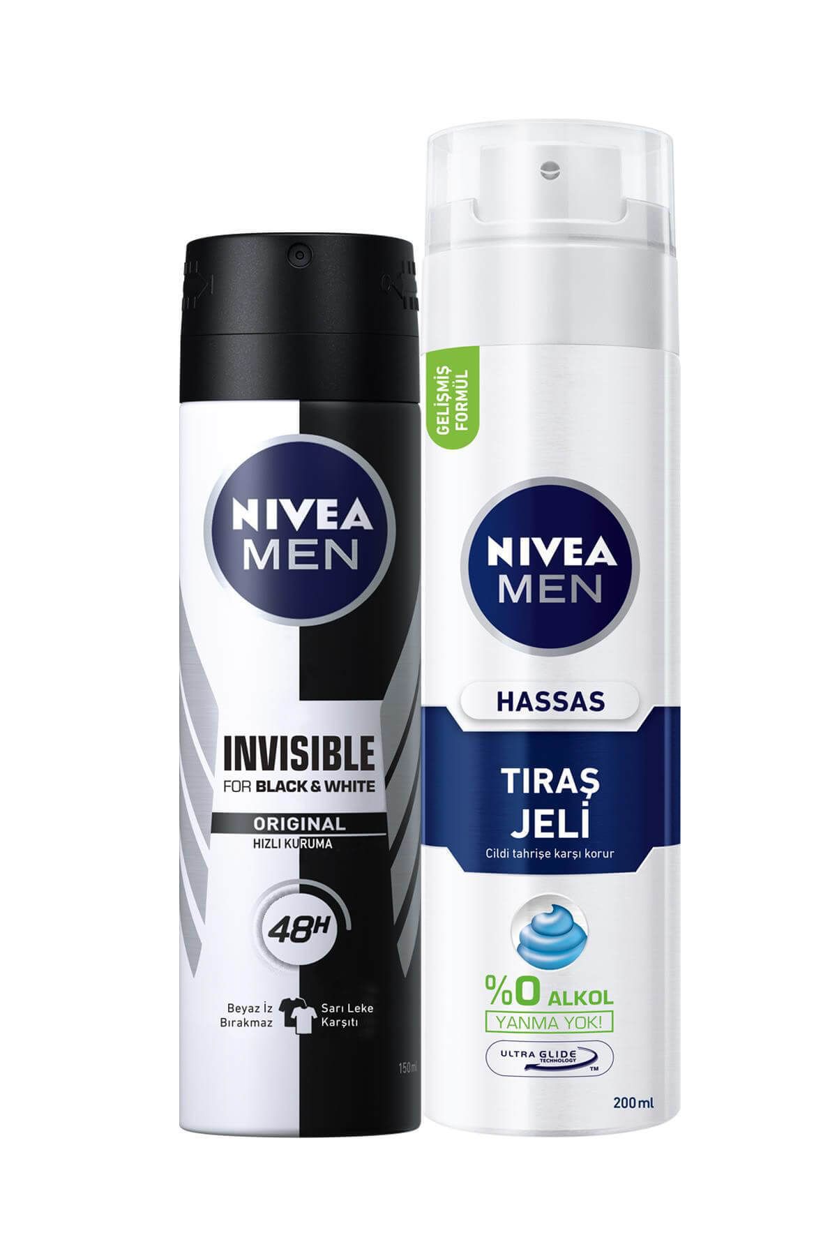 NIVEA اسپری مردانه ضدعرق مخفی سیاه و سفید اصل 150 میلی لیتر، ژل اصلاح پوست حساس 200 میلی لیتر