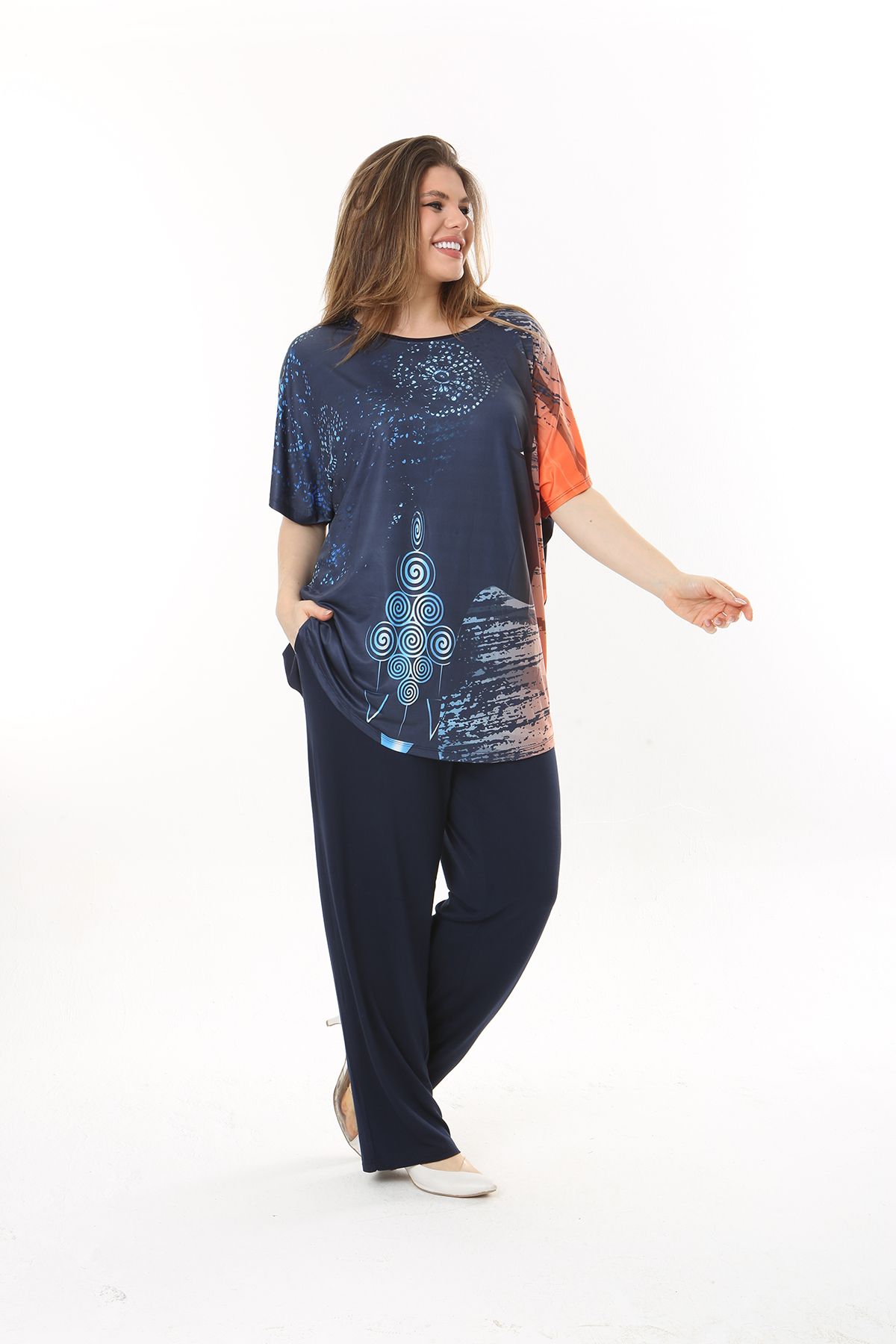 XL Modam-WOMEN'S LARGE SIZE CIRCLE PATTERN NAVY BLUE LICRAL SUIT 3