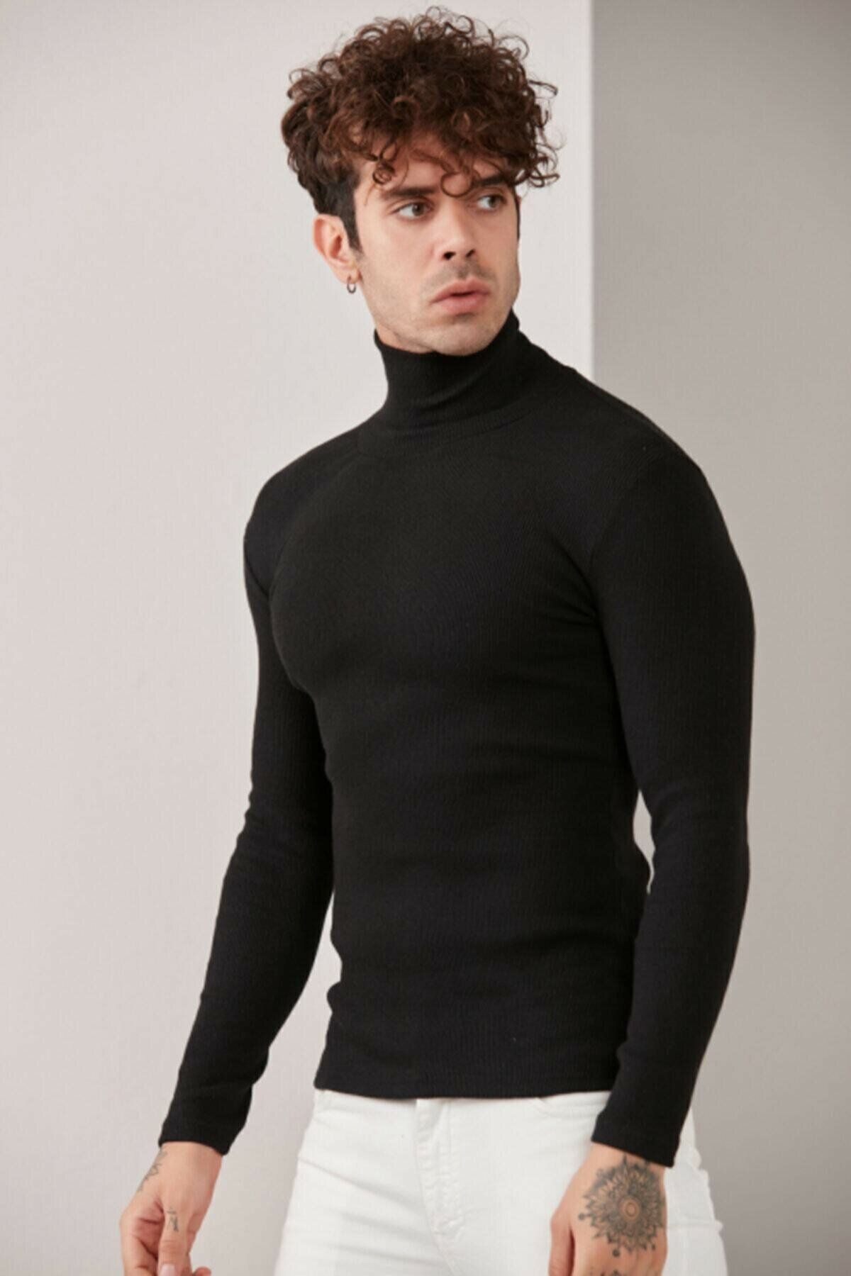 Erkek Gece Siyahı Boğazlı Triko Lycra Kazak