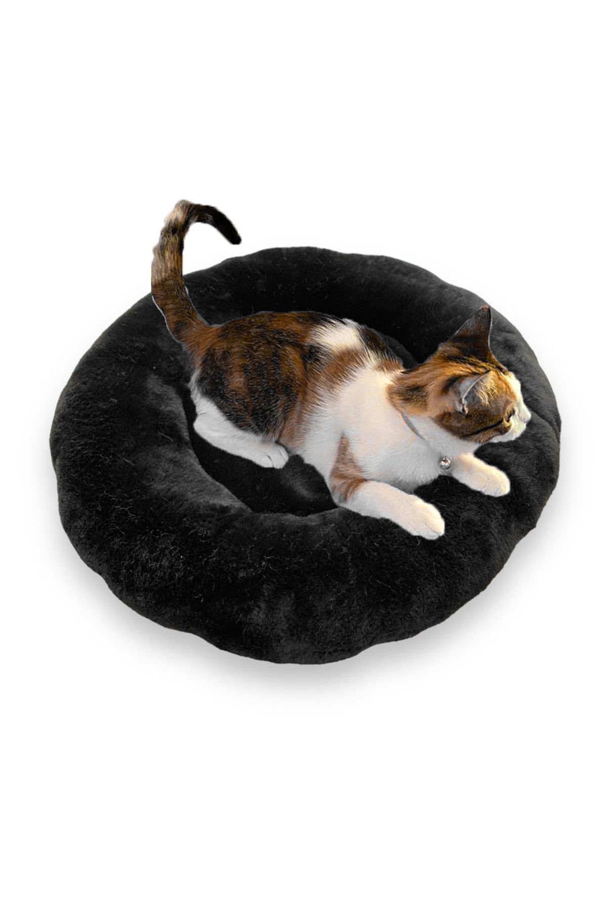 Oto Aksesuarc m Soft Furry Plush Round Pet Cat Bed Cushion 50cm Black