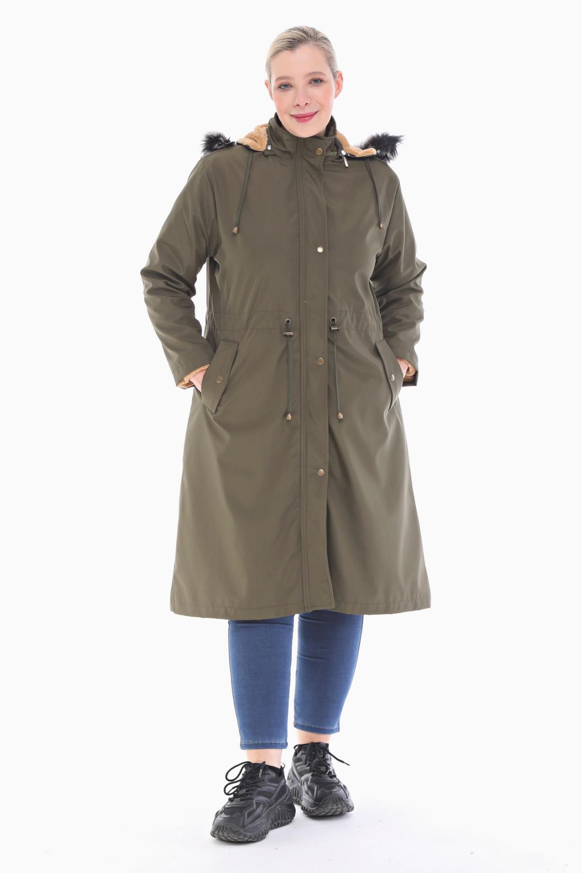 VETRE Kadın Büyük Beden Içi Kürklü Haki Uzun Mont 1047