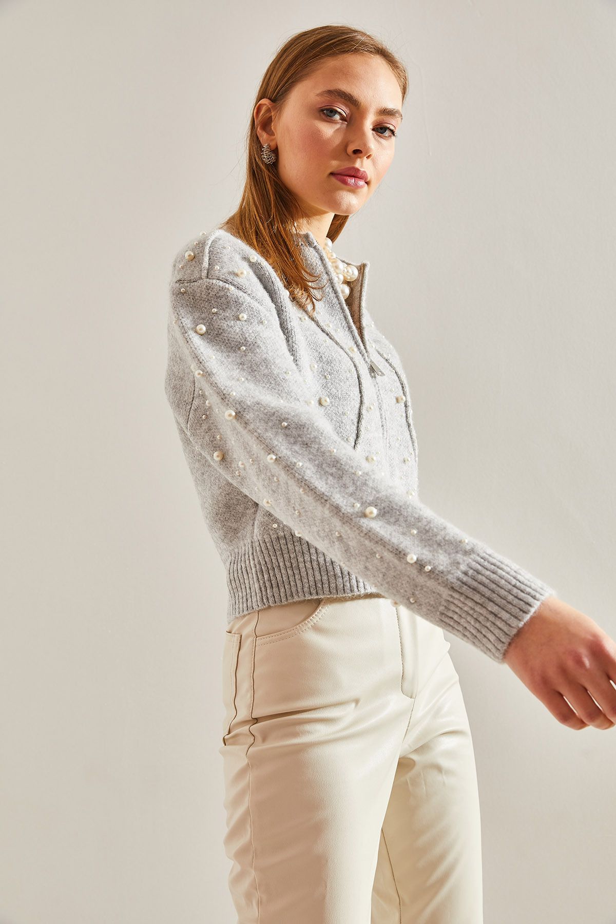 Bianco Lucci-Women's Pearl Stone Embroidered Knitwear Cardigan 7