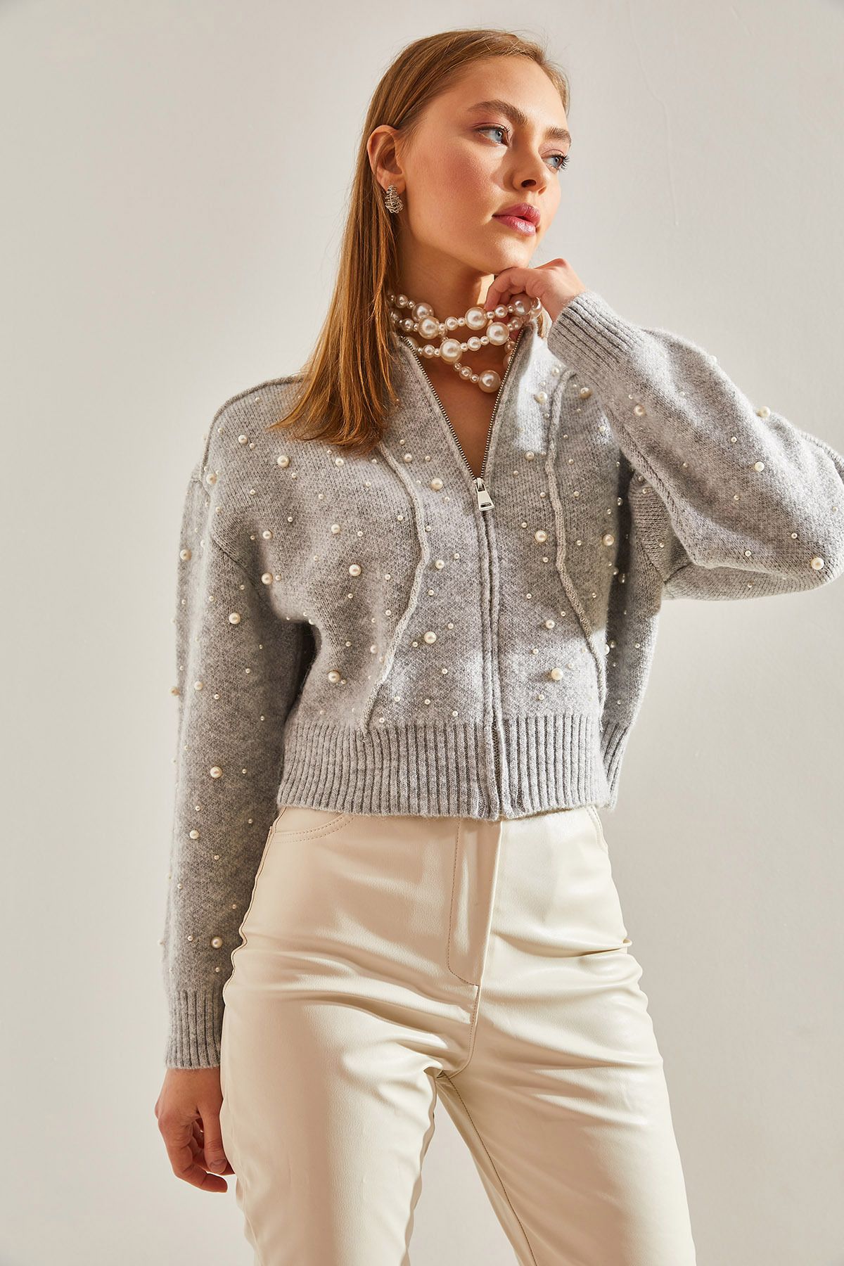 Bianco Lucci-Women's Pearl Stone Embroidered Knitwear Cardigan 6