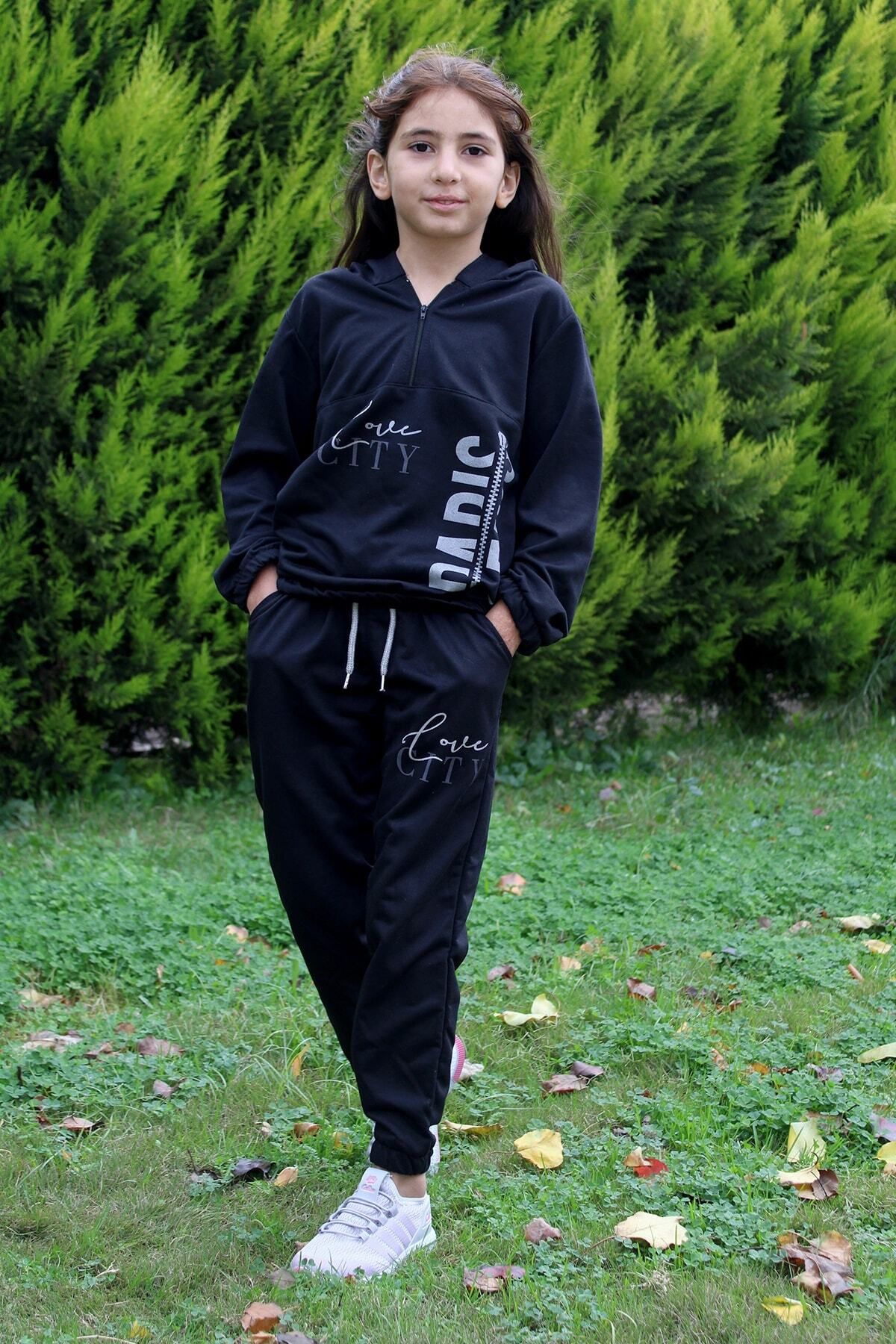 Girls black jogging suit sales