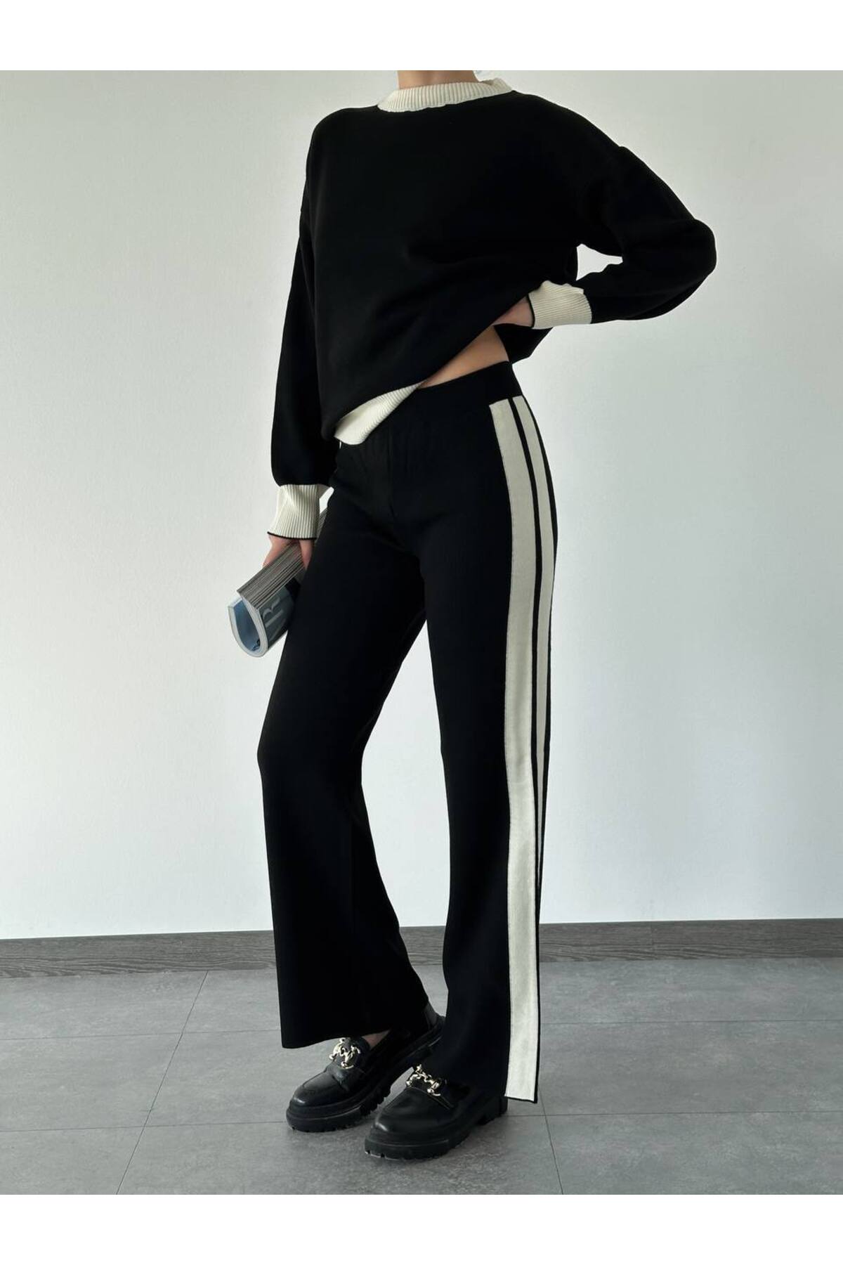 Women's Stylish Striped Sweater Pants Bottom Top Knitwear Set - Black