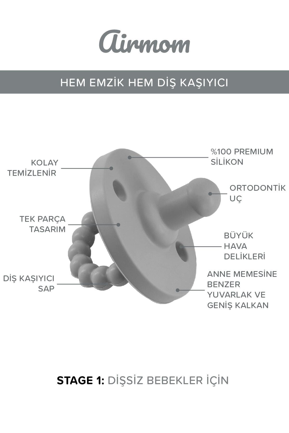 Fufizu Airmom Emzik - Hem Emzik Hem Diş Kaşıyıcı 2'li Silikon Emzik - Yenidoğan Ve 0-6 Ay Koyu Gri & Taba fotoğrafı 3 (önizleme)