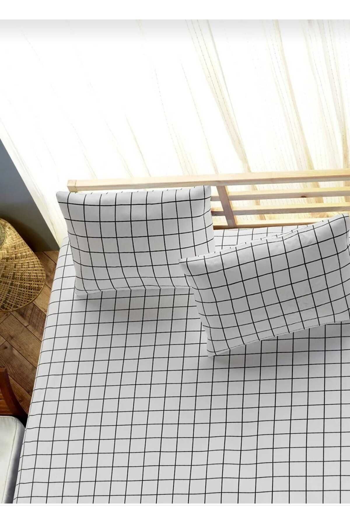 MORRİVAL-SINGLE CHECKED ELASTIC SHEET SET, WHITE - SMOKED 3