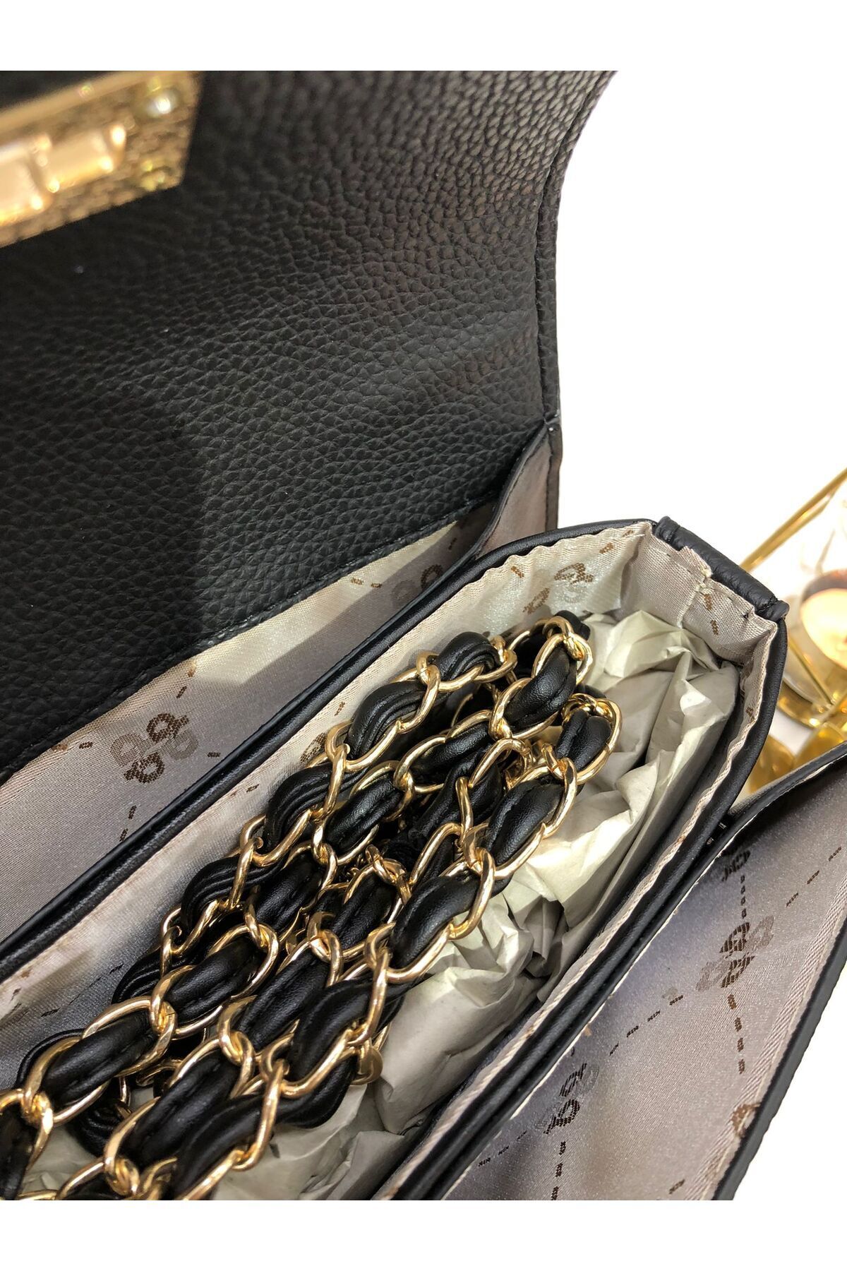 Piedra Siyah Renk Gold Zincir Askılı Dikiş Detaylı Eşarp Aksesuarlı Bol Gözlü Yeni Sezon Kadın Çantası görsel 8
