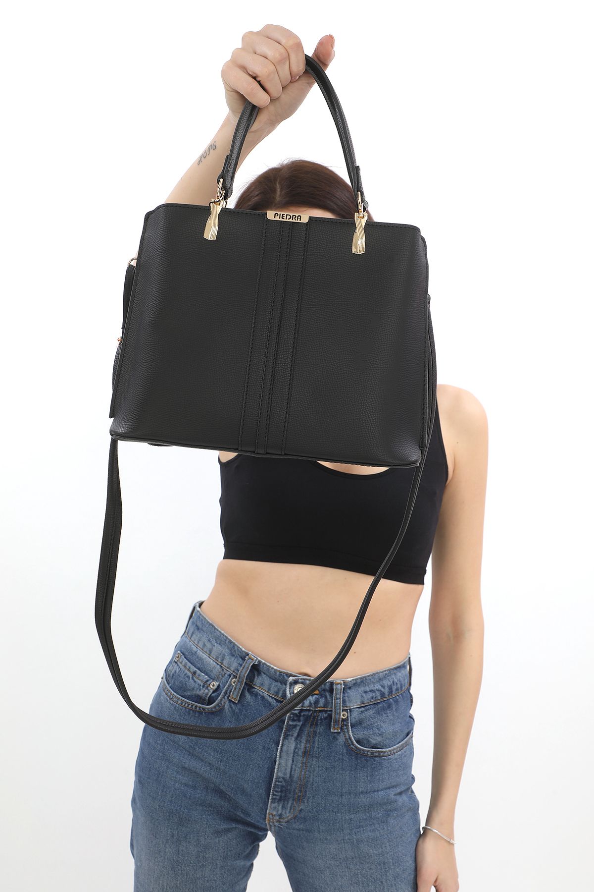 Piedra-Black New Season Women's Bag with Plenty of Compartments, Can Be Used in Hands and with Shoulder Strap 4