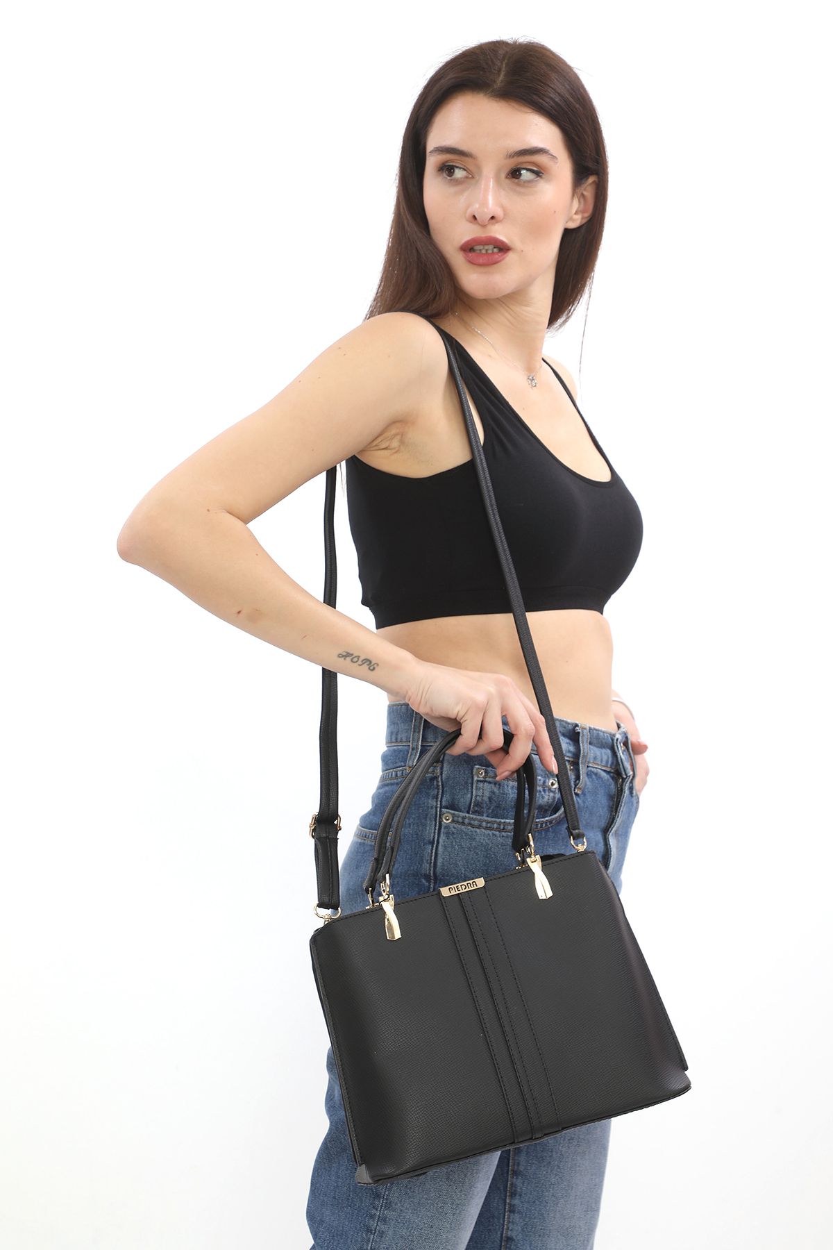 Piedra-Black New Season Women's Bag with Plenty of Compartments, Can Be Used in Hands and with Shoulder Strap 2