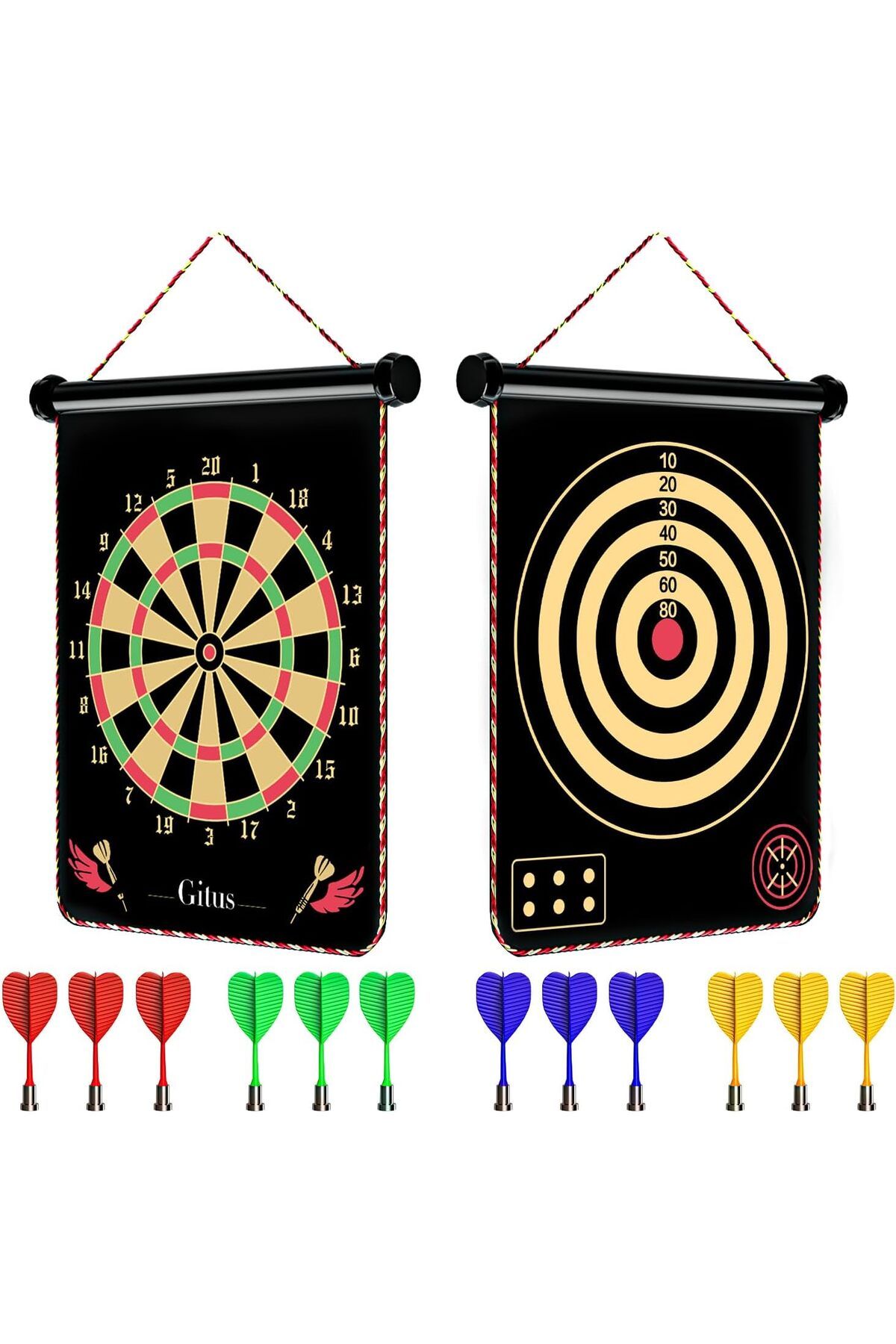 Janissary 15inç Mıknatıslı Dart Seti, 6 Çelik-Dart ile Çift Taraflı Dart Tahtası Oyunu,