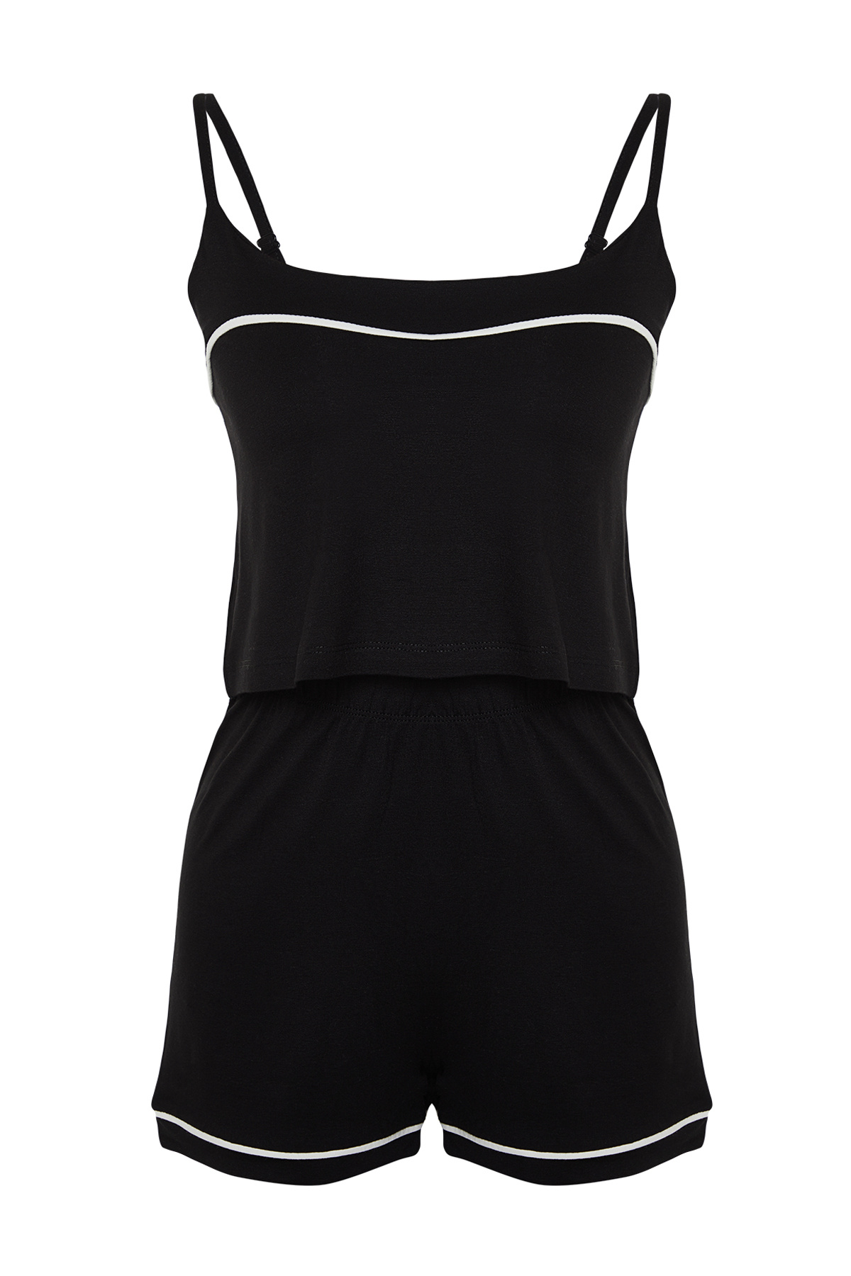 Trendyolmilla  Siyah Biye Detaylı İp Askılı Viskon Şortlu Örme Pijama Takımı THMSS24PT00004 - Görsel 7