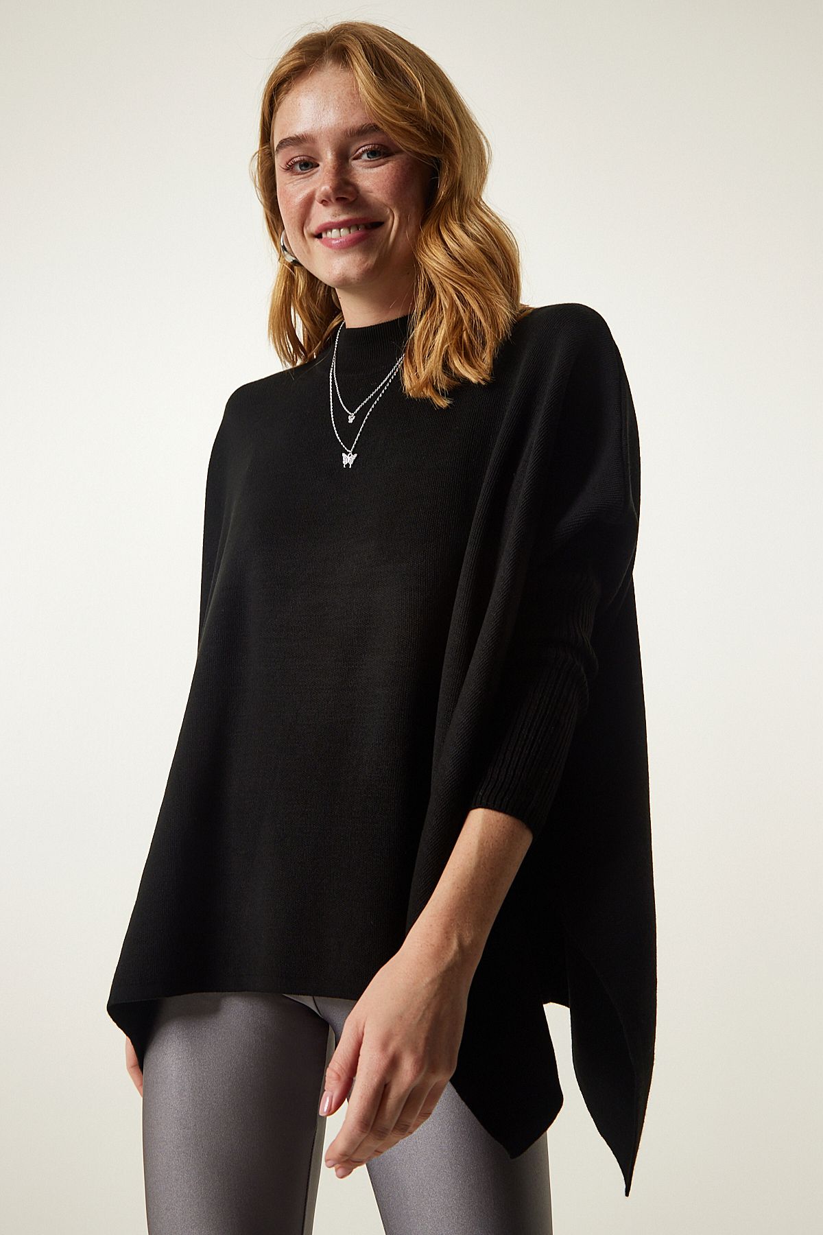 Happiness İstanbul-Schwarzer Strick-Poncho-Pullover mit Stehkragen und Schlitz ZA00074 3