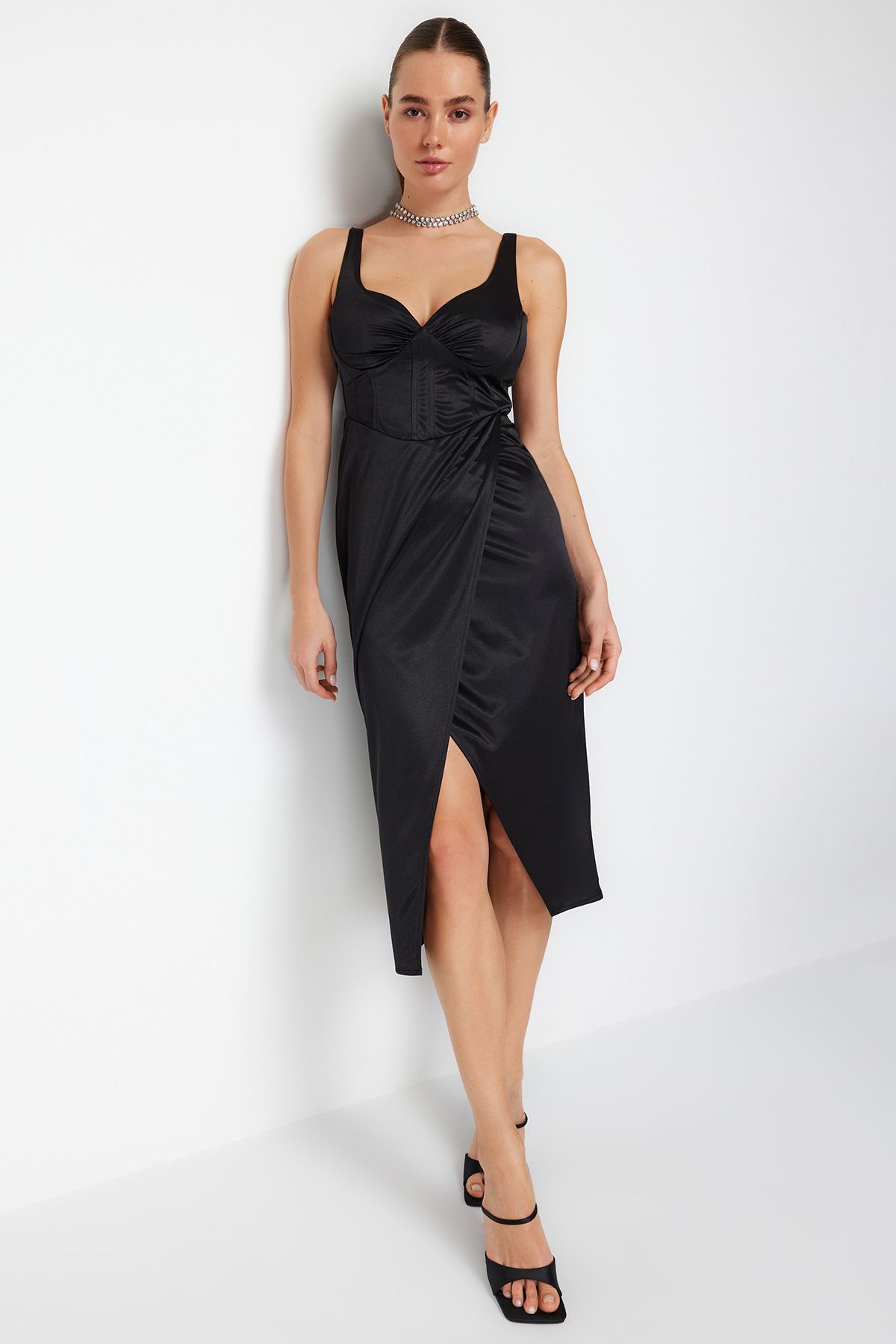 Trendyol Collection-Rochie neagră drapeată cu satin - TPRSS24EL00054 3