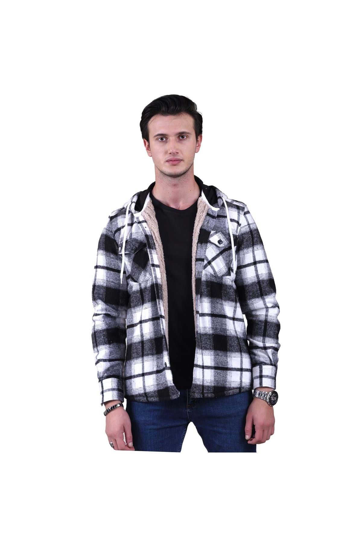 Exve Exclusive Black White Plaid Checkered Hooded Winter
