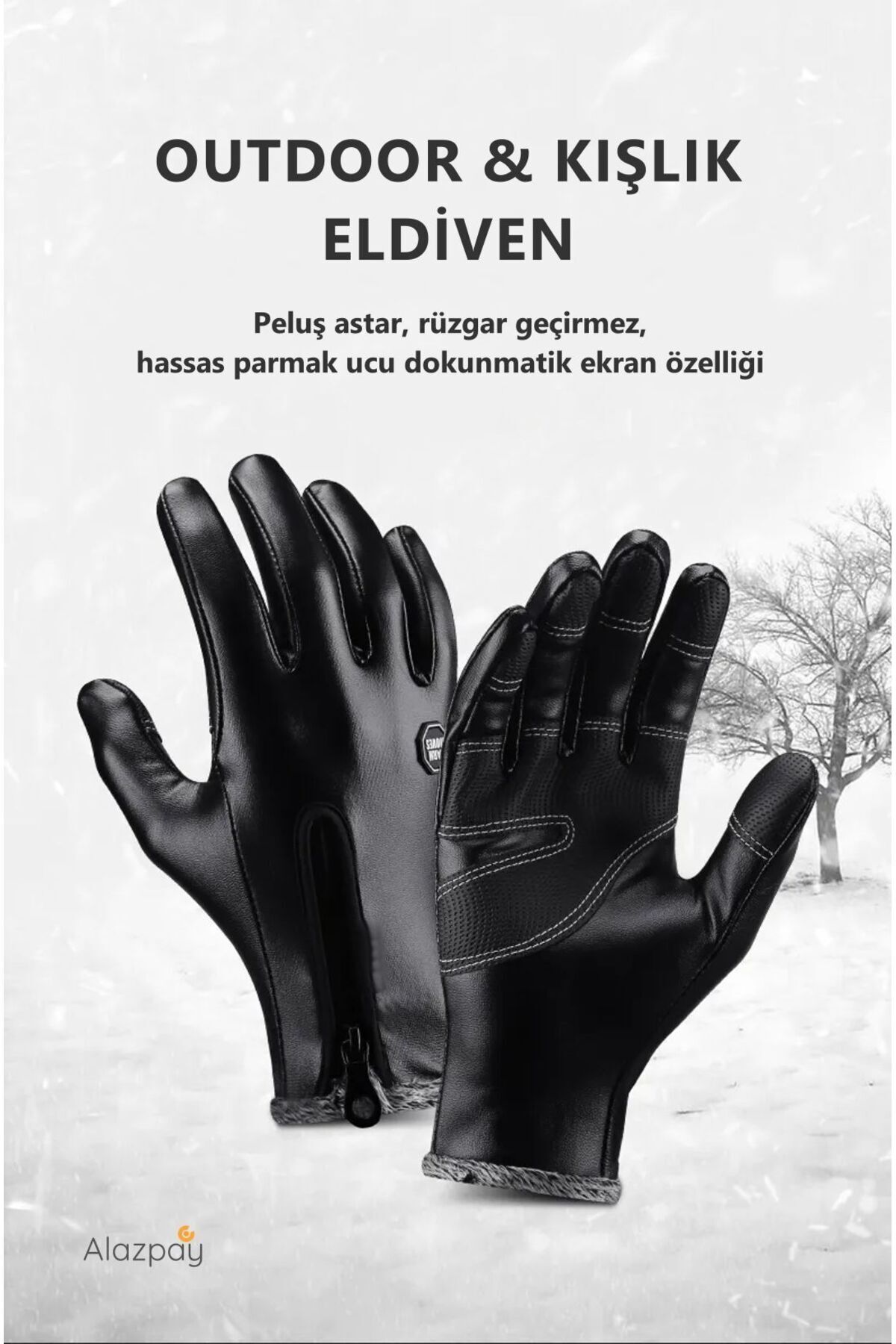 دستکش مشکی مردانه و زنانه PU چرمی Wind Proop Palm Free Ski Gait Thermal Winter Alazpay