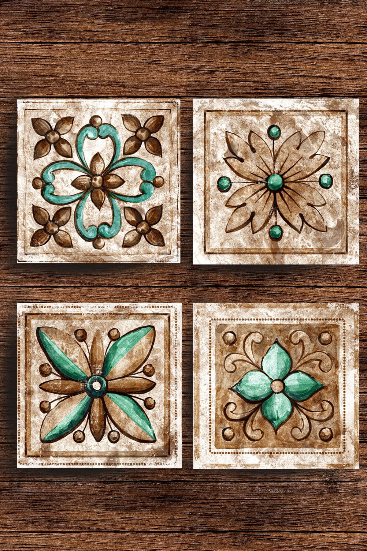 Printed Natural Stone Coaster Set of 4 - Indian Pattern Natural Stone Bottom