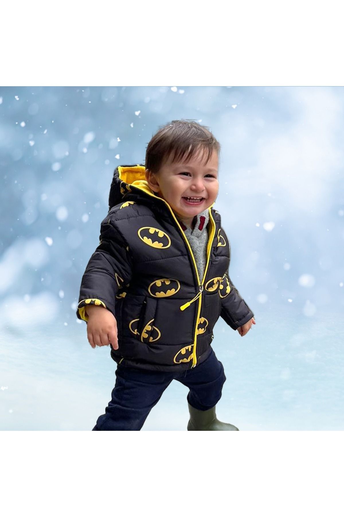 Batman Şişme Unisex Çocuk Montu Içi Polarlı Kalın Su Geçirmez Kapüşonlu Baskılı Kışlık Şişme Mont v10000v