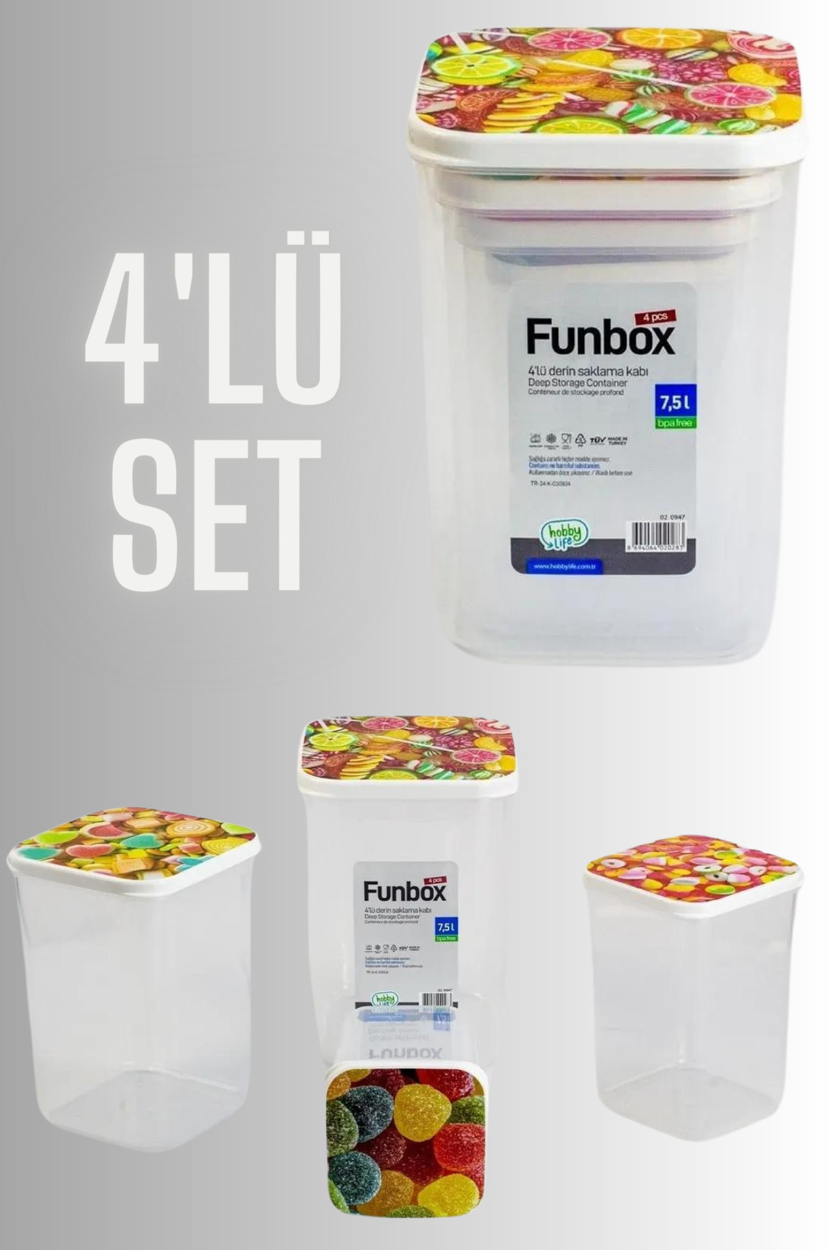 4'lü Uzun Hobby Life Funbox Saklama Kabı (0,9+1,4+2,1+3,1 Lt) Kahve Desenli Set