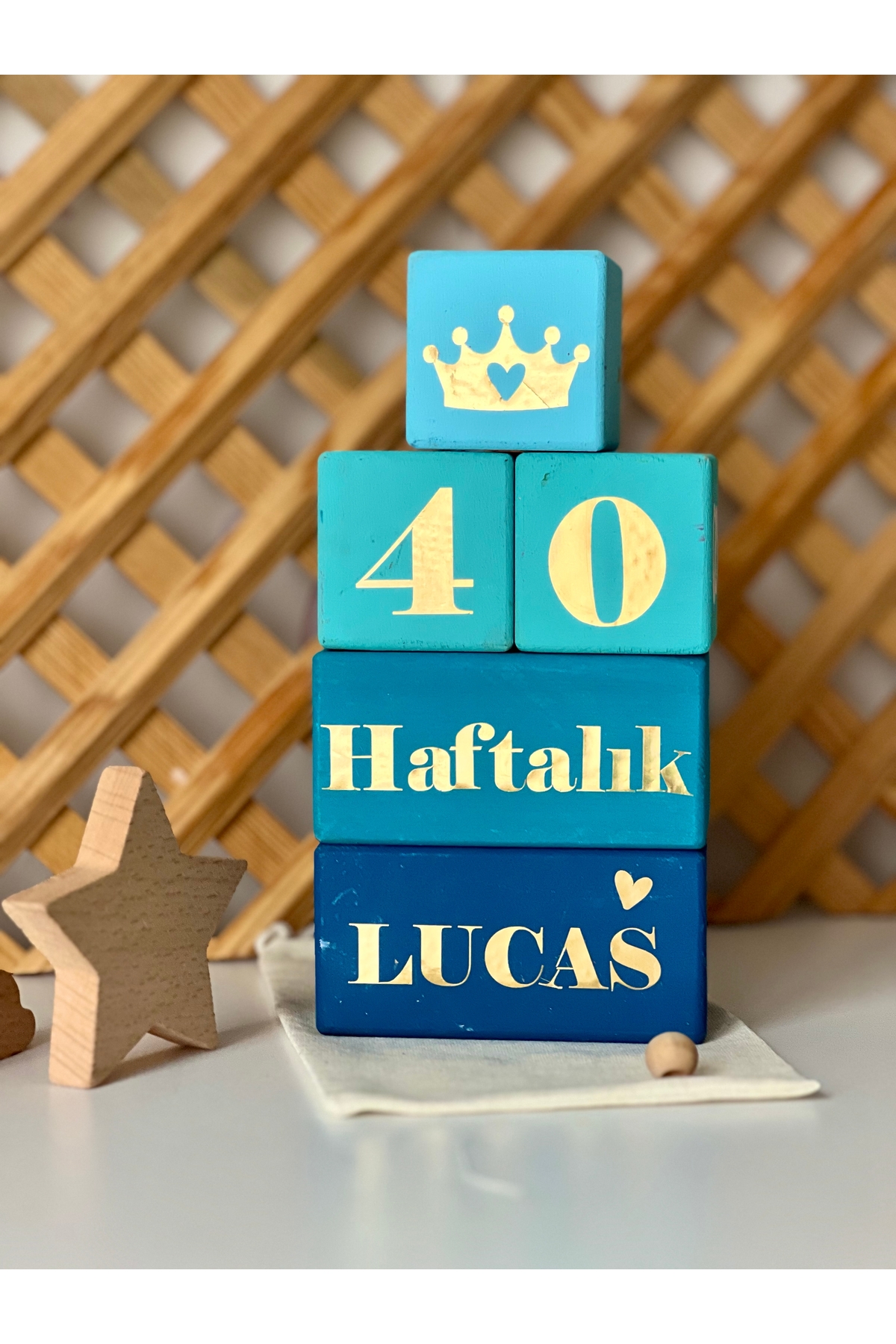 Renkli bebek anı küpü isimli renkli set 5parça gold mavi