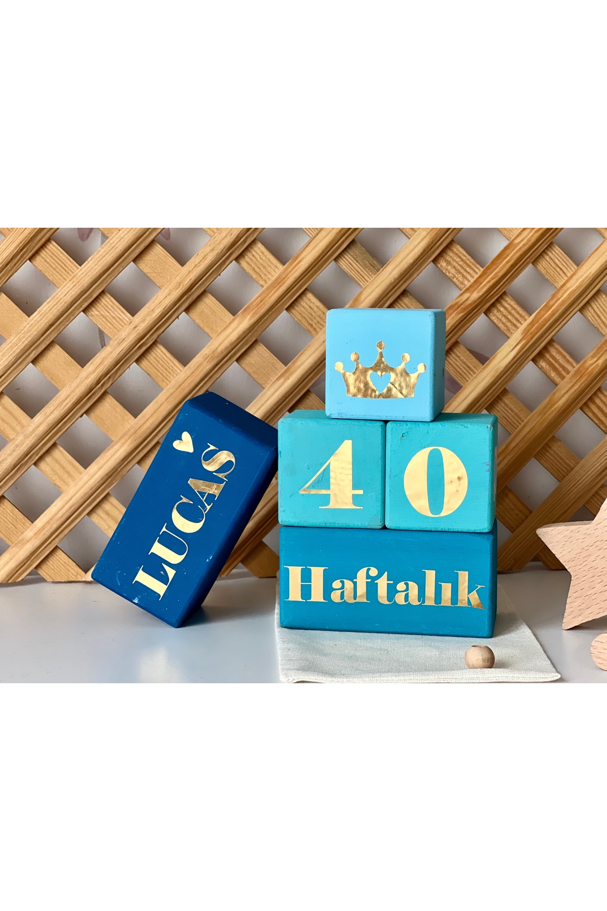 Renkli bebek anı küpü isimli renkli set 5parça gold mavi