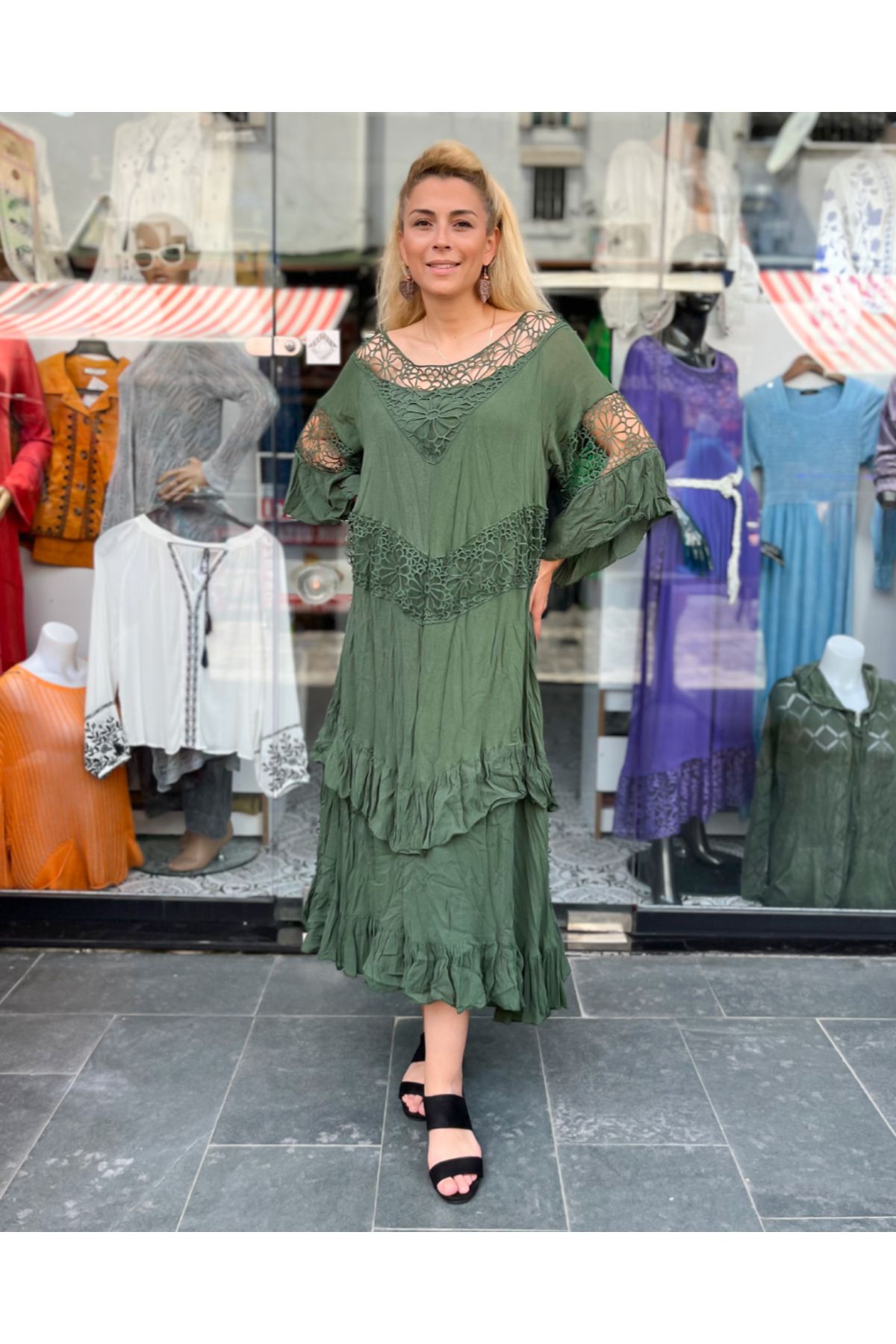 Sosyete Kaplumbağa-Women's Dark Green Authentic Voile Cotton Madonna Collar Bohemian Maxi Dress 2