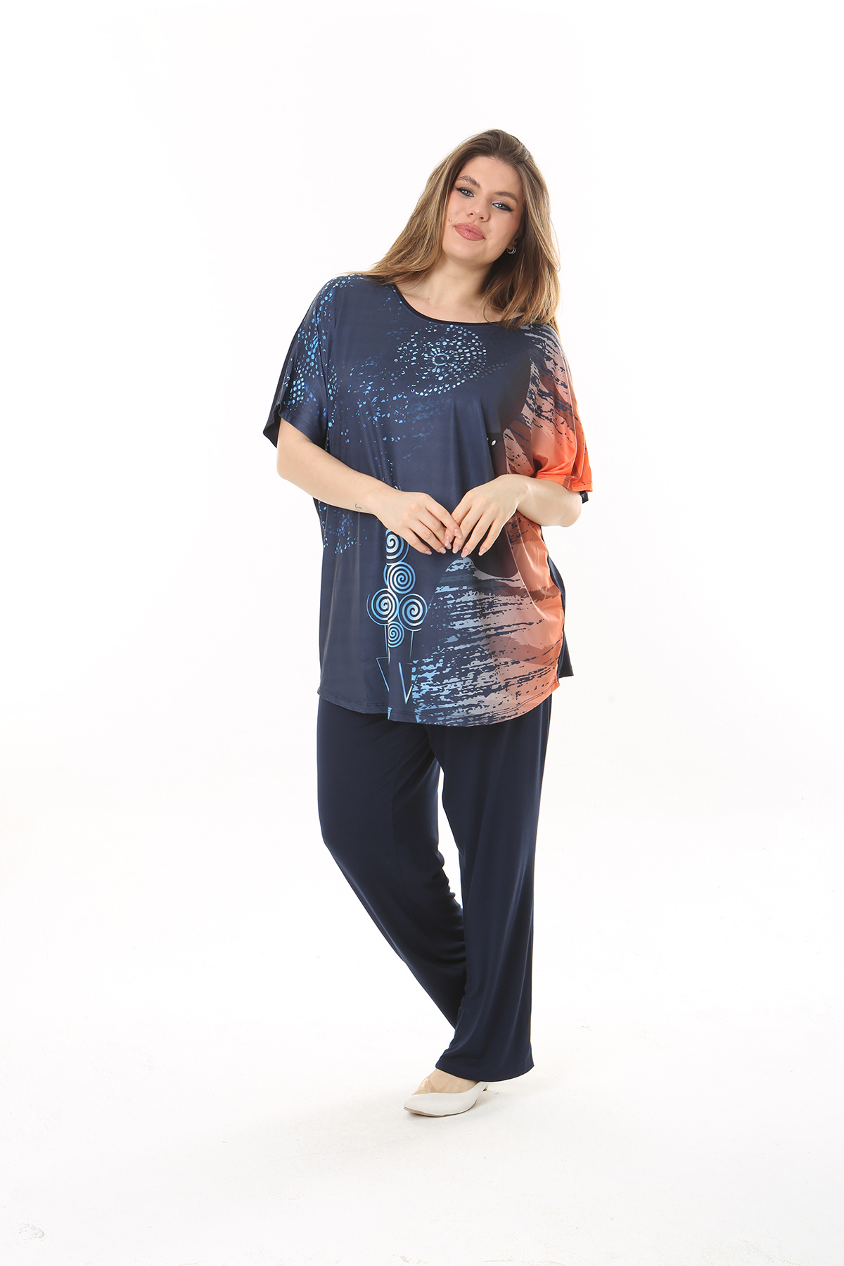 XL Modam-WOMEN'S LARGE SIZE CIRCLE PATTERN NAVY BLUE LICRAL SUIT 8