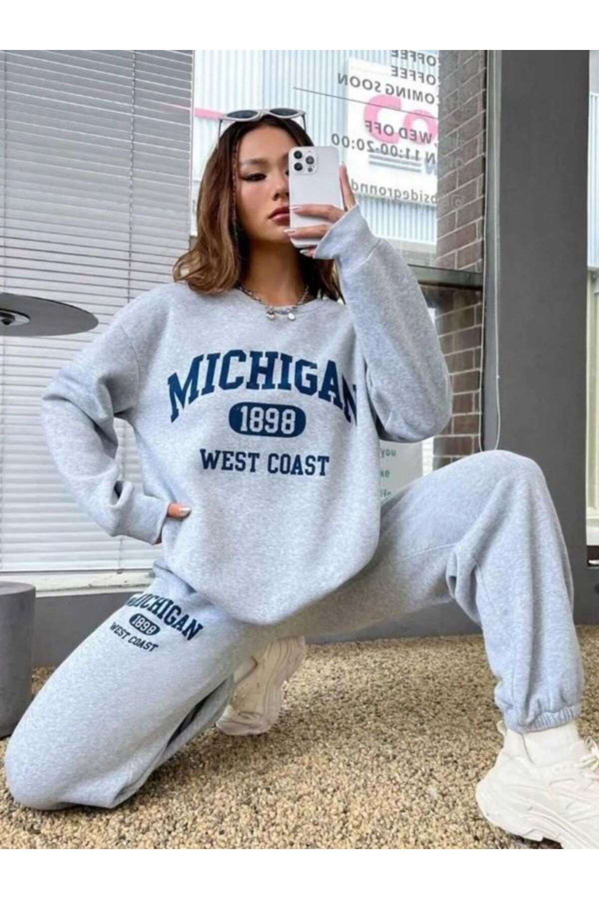 Boi Michigan 1898 Set De Trening De Iarnă Hanorac Pantaloni De Trening - Gri Imprimat Oversize Crew Deck Unisex - XL