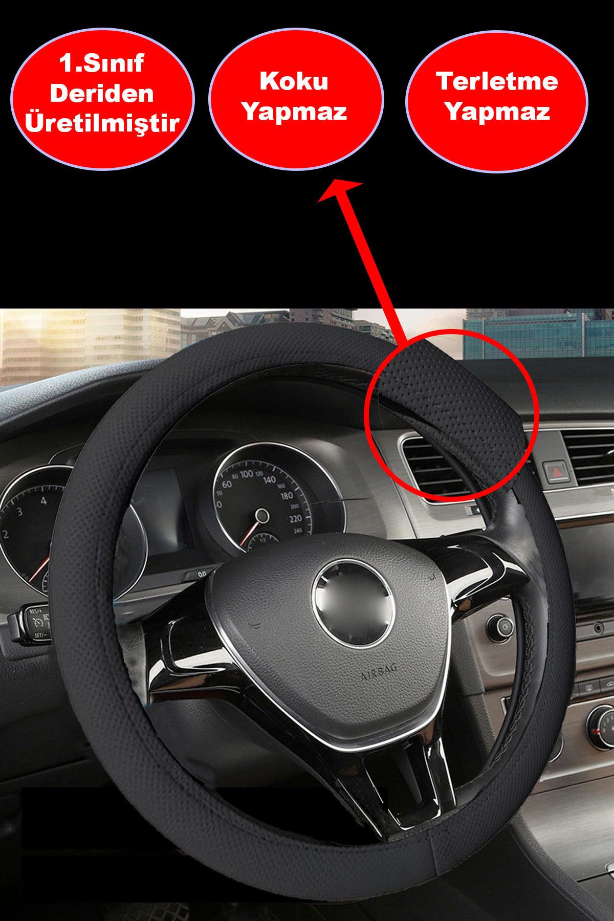 NiCe Shop-Premium Luxury Snap-on Steering Wheel Cover Odorless 38-40 Cm, Black Artificial Leather, Snap-on Steering Wheel Cover, 4