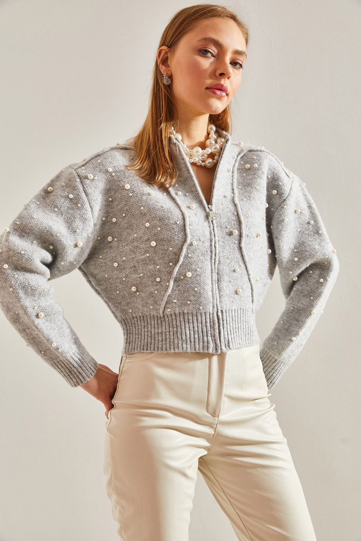 Bianco Lucci-Women's Pearl Stone Embroidered Knitwear Cardigan 8