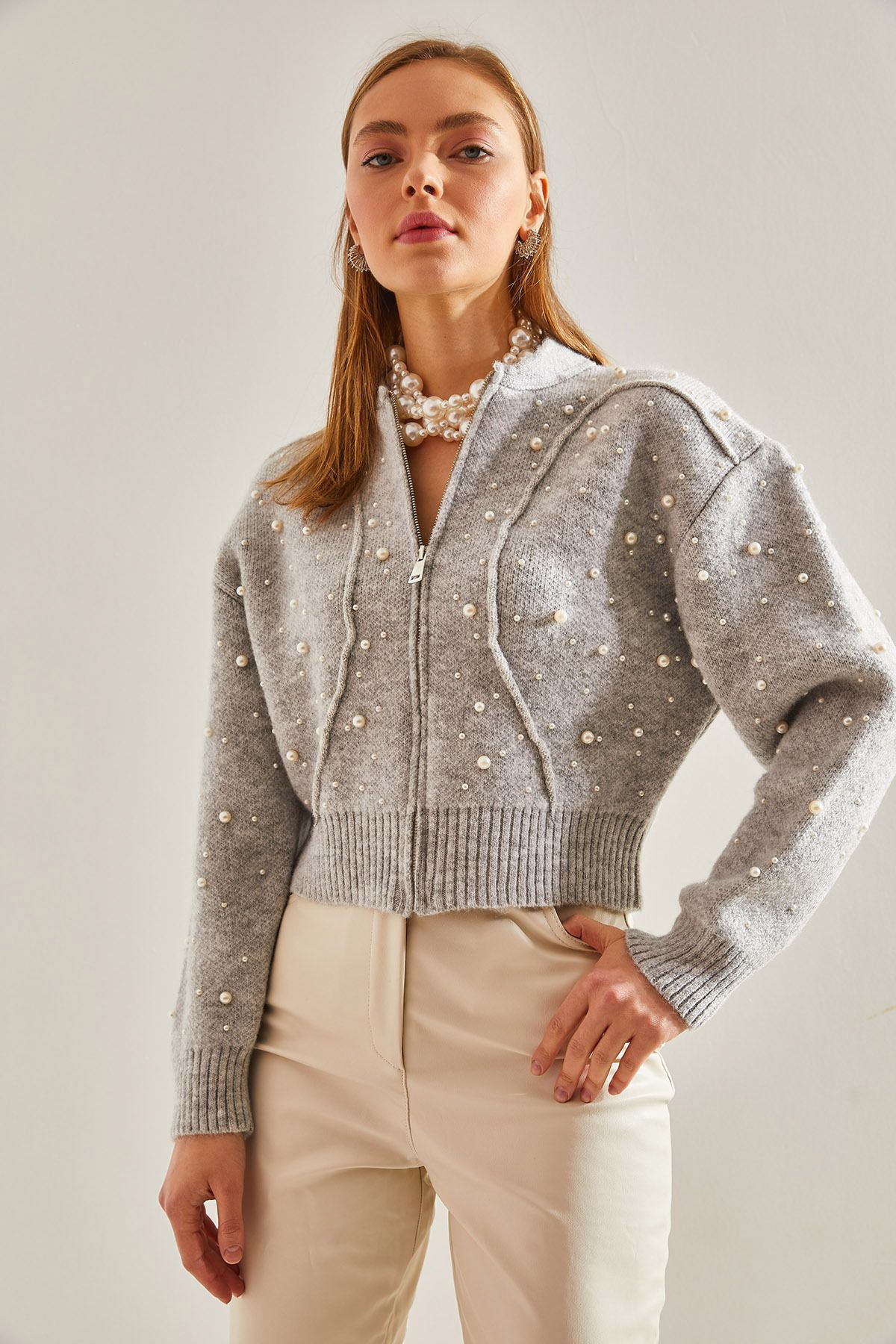 Bianco Lucci-Women's Pearl Stone Embroidered Knitwear Cardigan 4