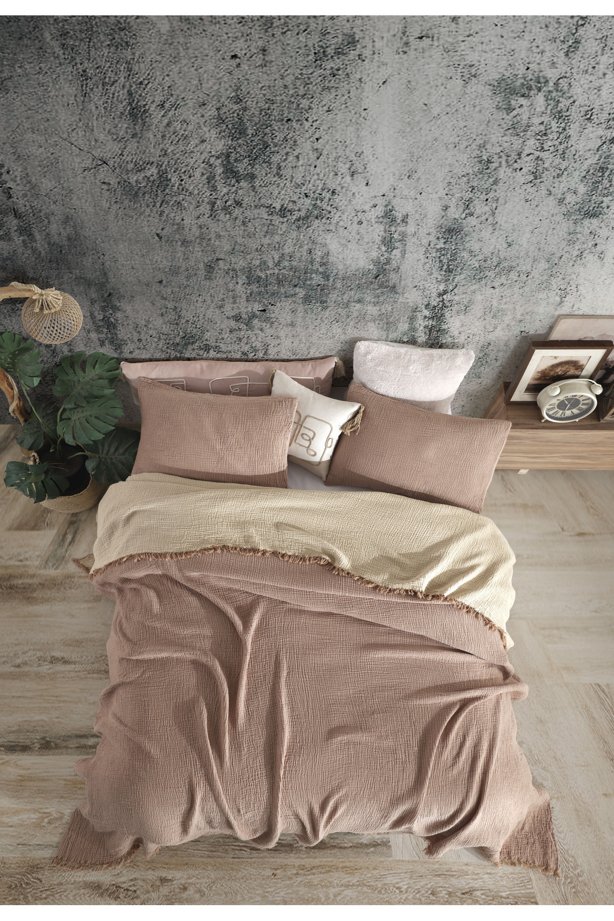 destinyhometex Kahve Çift Kişilik 200 X 240cm Yatak Örtüsü/2 Adet 50x70cm Yastık 4 Katlı Multi Muslin %100 Pamuk 2