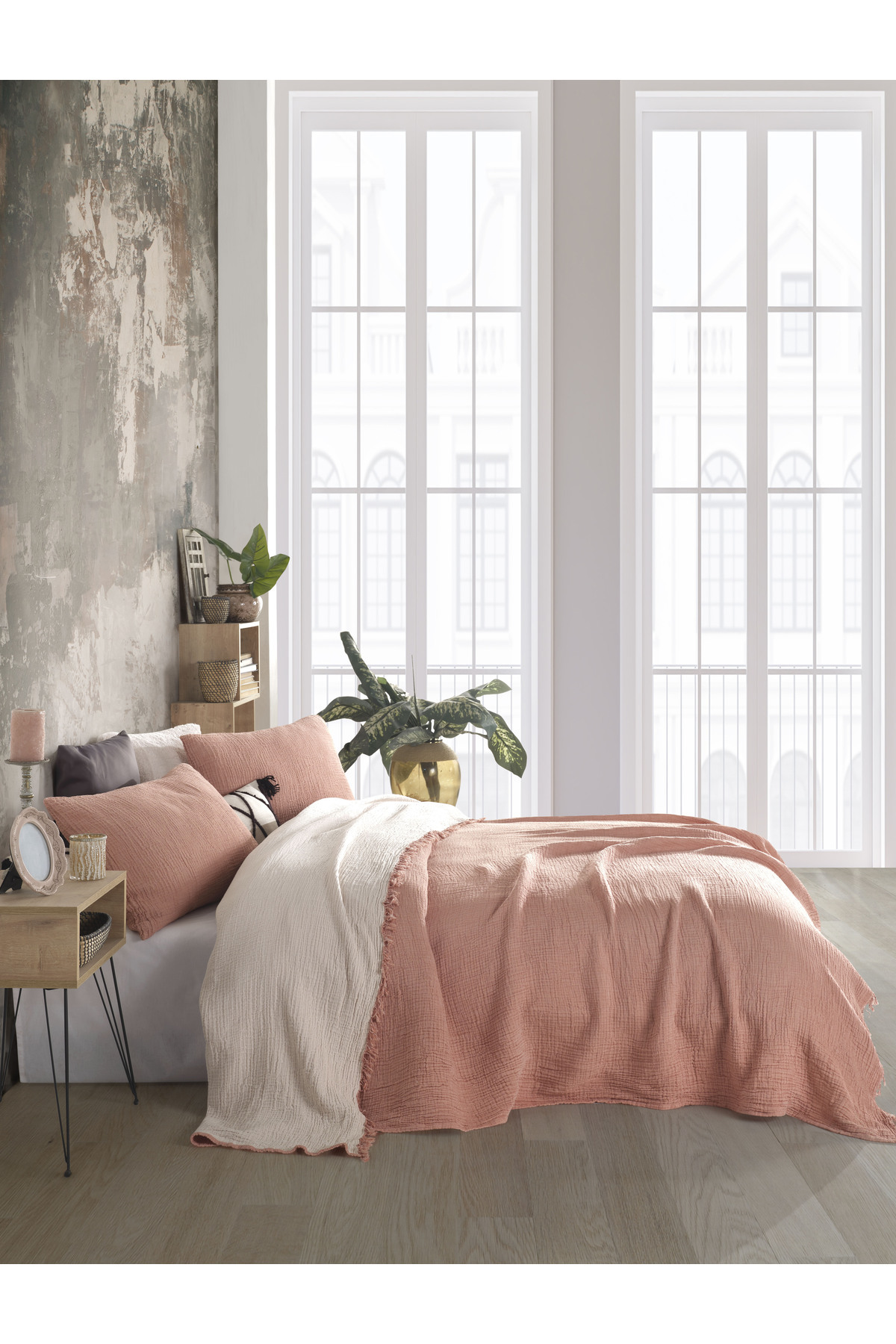 destinyhometex Kiremit Çift Kişilik 200 X 240cm Yatak Örtüsü/2 Adet 50x70cm Yastık 4 Katlı Multi Muslin %100 Pamuk 4