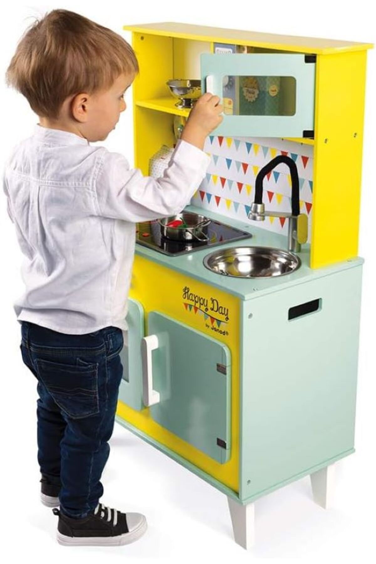Janod Happy Day Children s Play Kitchen with Sound and Light Wooden Kitchen with Accessory Pieces 53 x 30 x 87 cm Trendyol