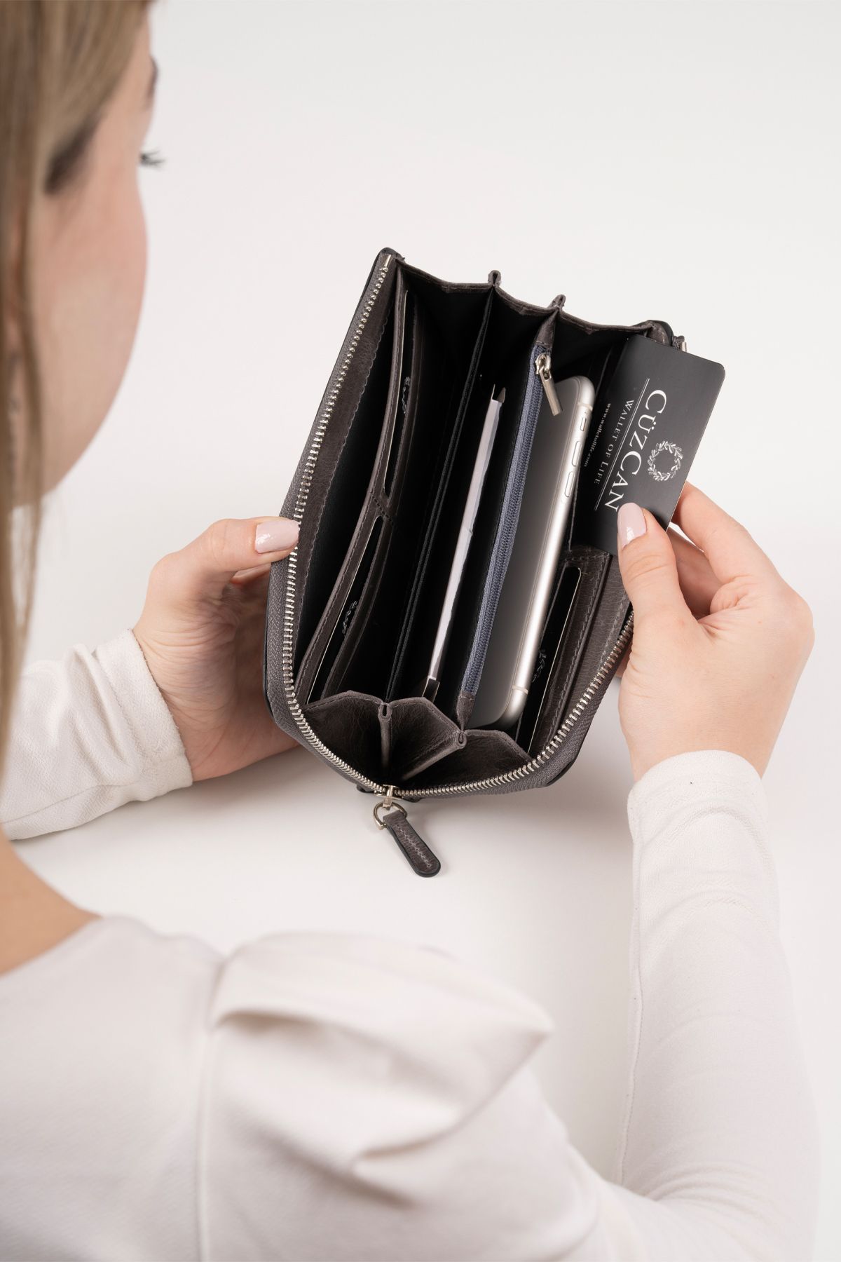 کیف پول مردانه و زنانه SWANY GREY LEADE چرمی ZIPPER TONE WALLET HAND یونیسکس CüzCan