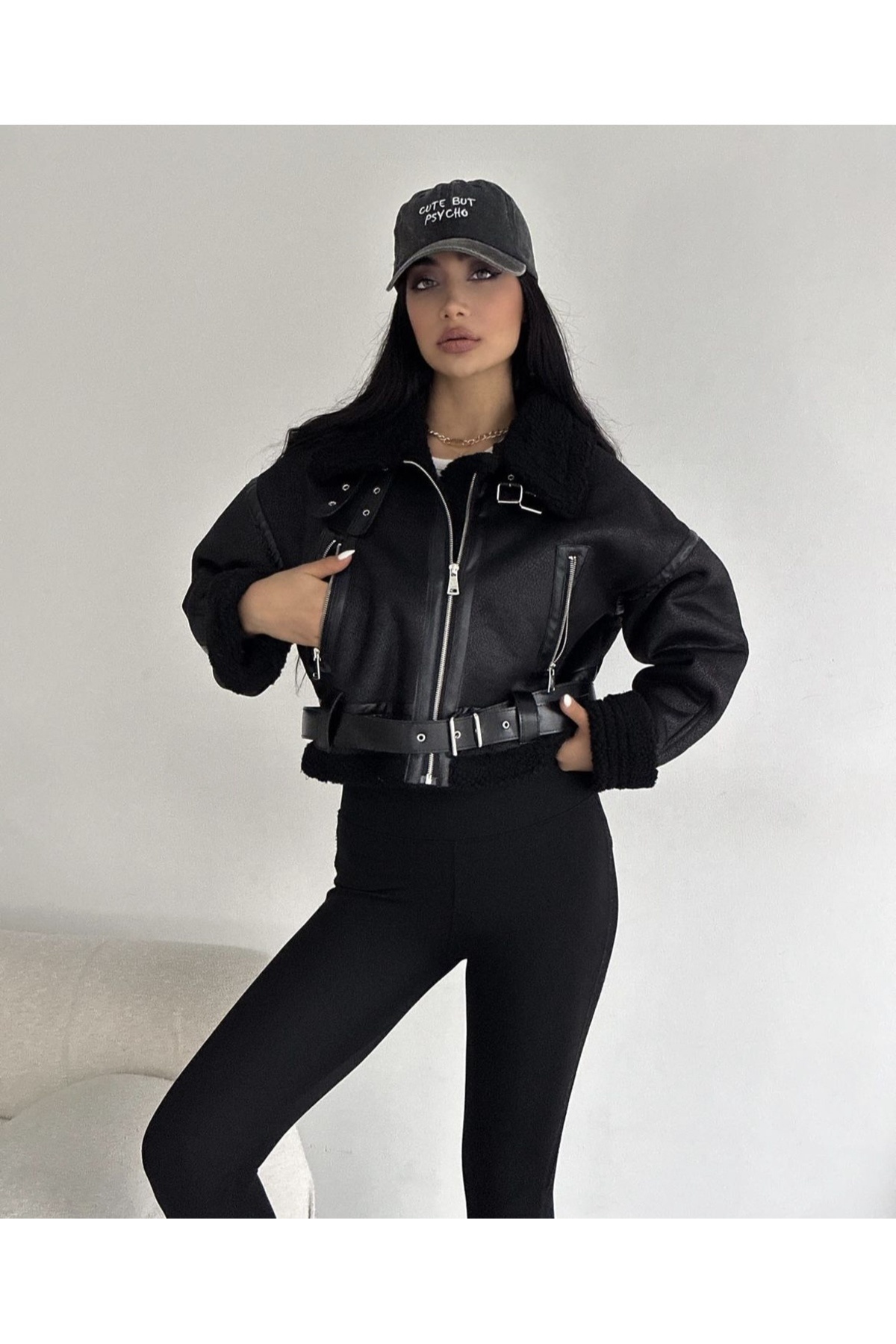 Black Belted Biker Crop Coat