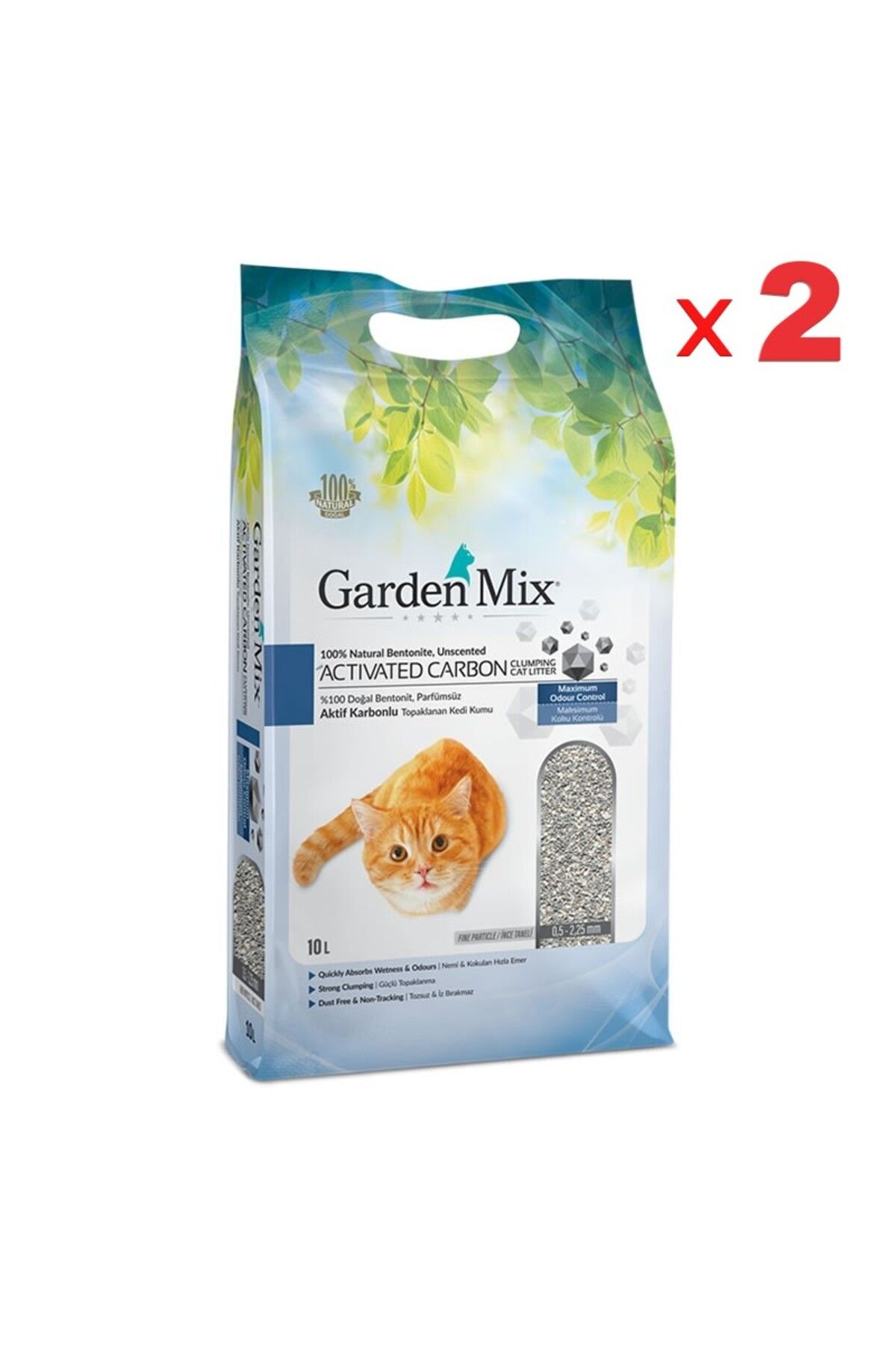 Aktif Karbonlu 2'li Paket İnce Taneli Bentonit Kedi Kumu 10 Lt