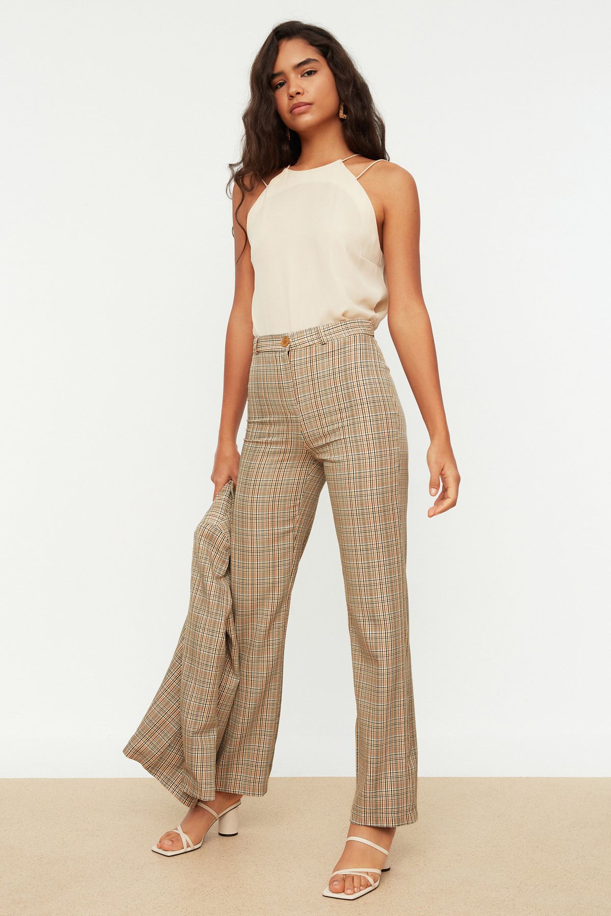 Trendyol Collection-High Waist Beige Straight Cut Plaid Trousers - Twoss22Pl0117 3