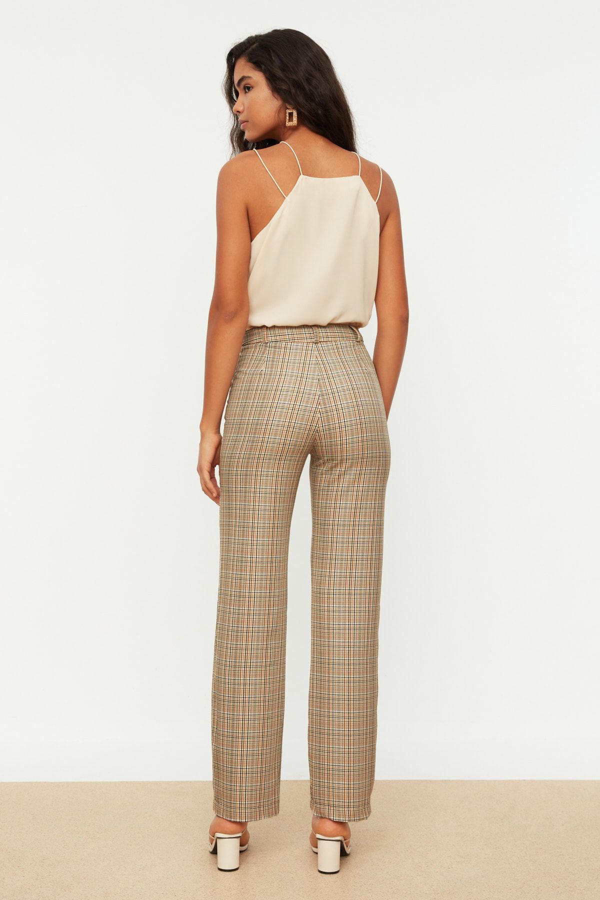 Trendyol Collection-High Waist Beige Straight Cut Plaid Trousers - Twoss22Pl0117 5