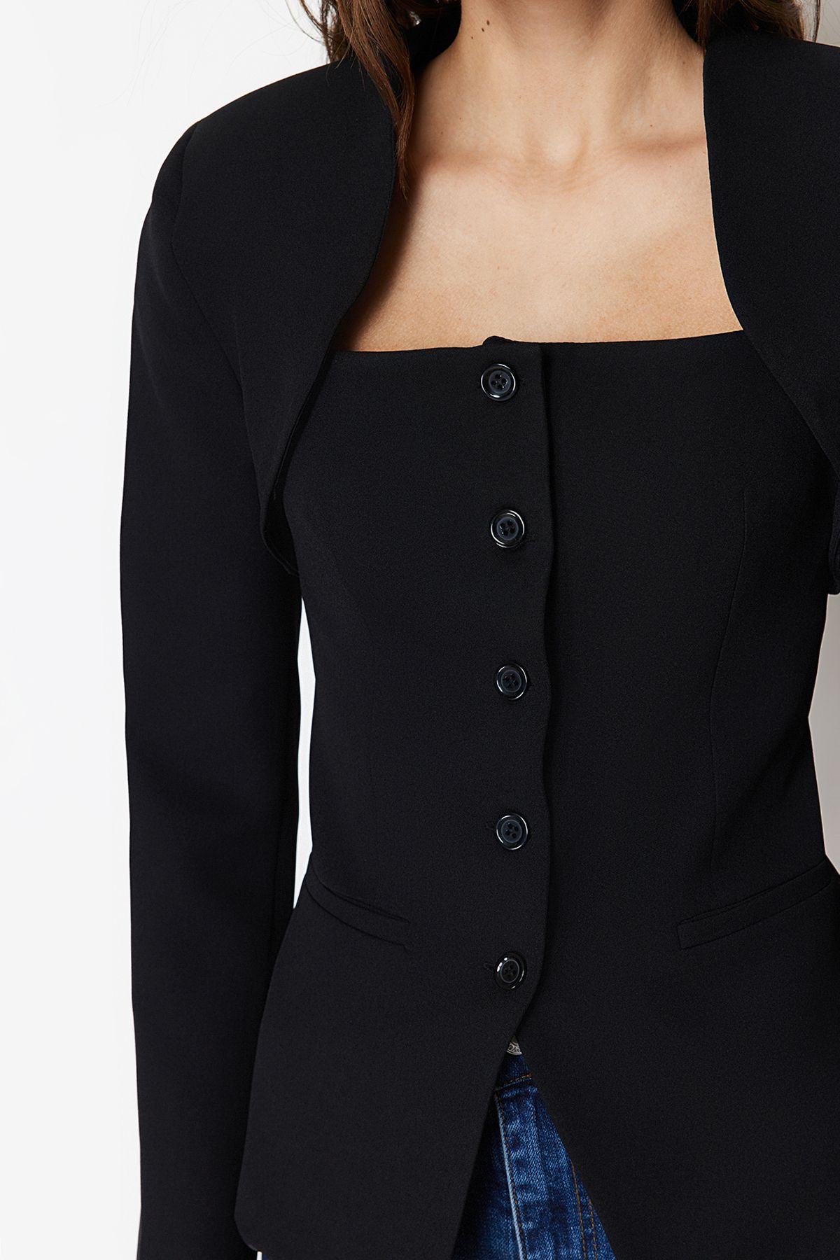 Trendyol Collection-Black Bolero Detailed Woven Blazer Jacket TWOSS24BC00019 5
